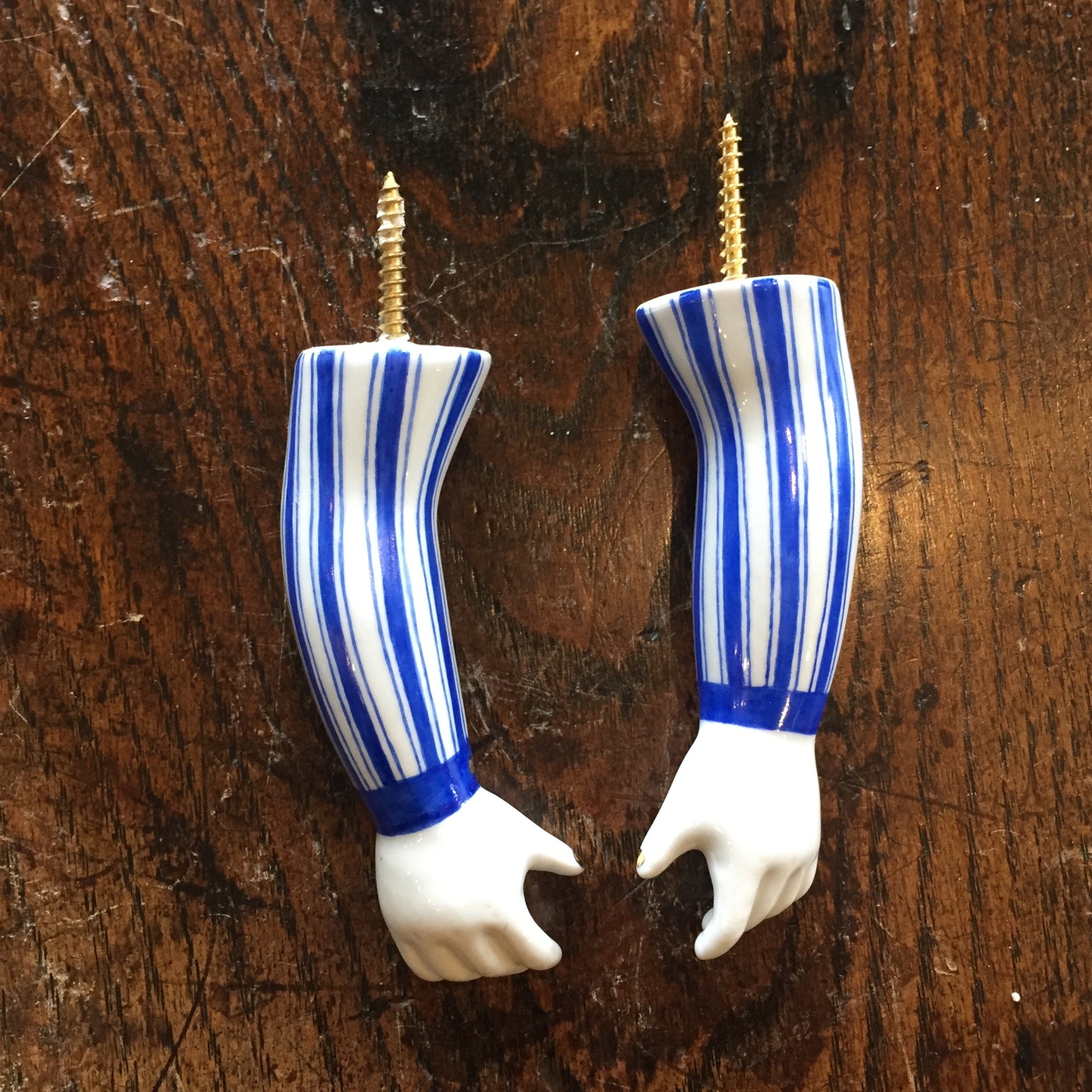 Practical Frieda Pair of Hooks in Blue Striped Shirt by Kuhn Keramik