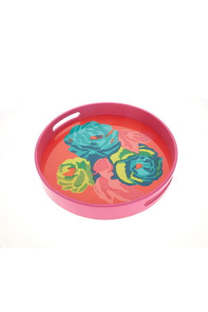 Lisa Corti 13.5" x 13.5" Round Lacquered Tray Geranium Flower