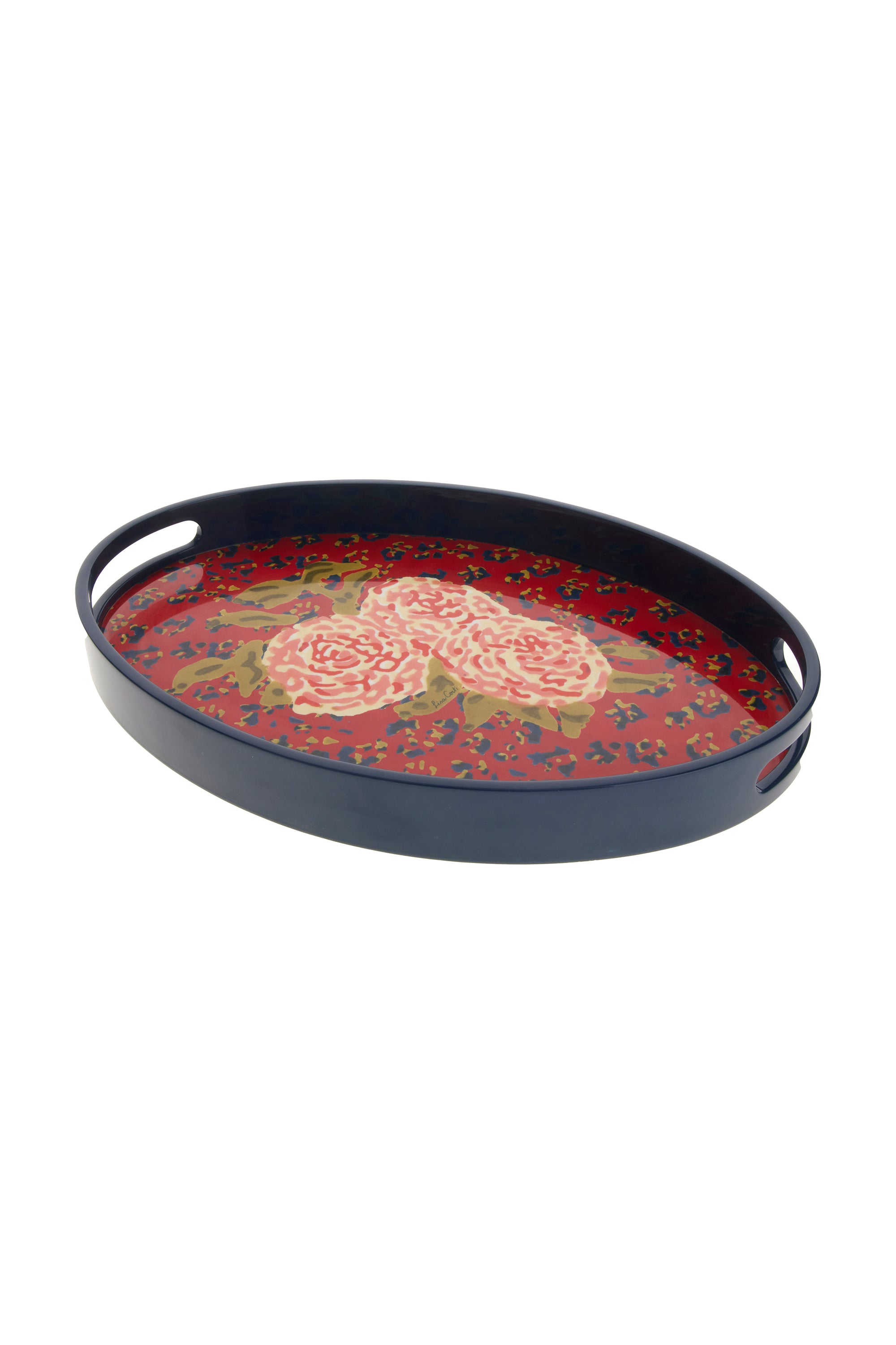 Lisa Corti 10" x 15" Oval Lacquered Tray Red Leopard Flower