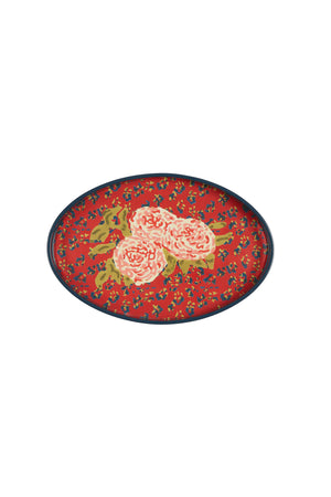 Lisa Corti 10" x 15" Oval Lacquered Tray Red Leopard Flower