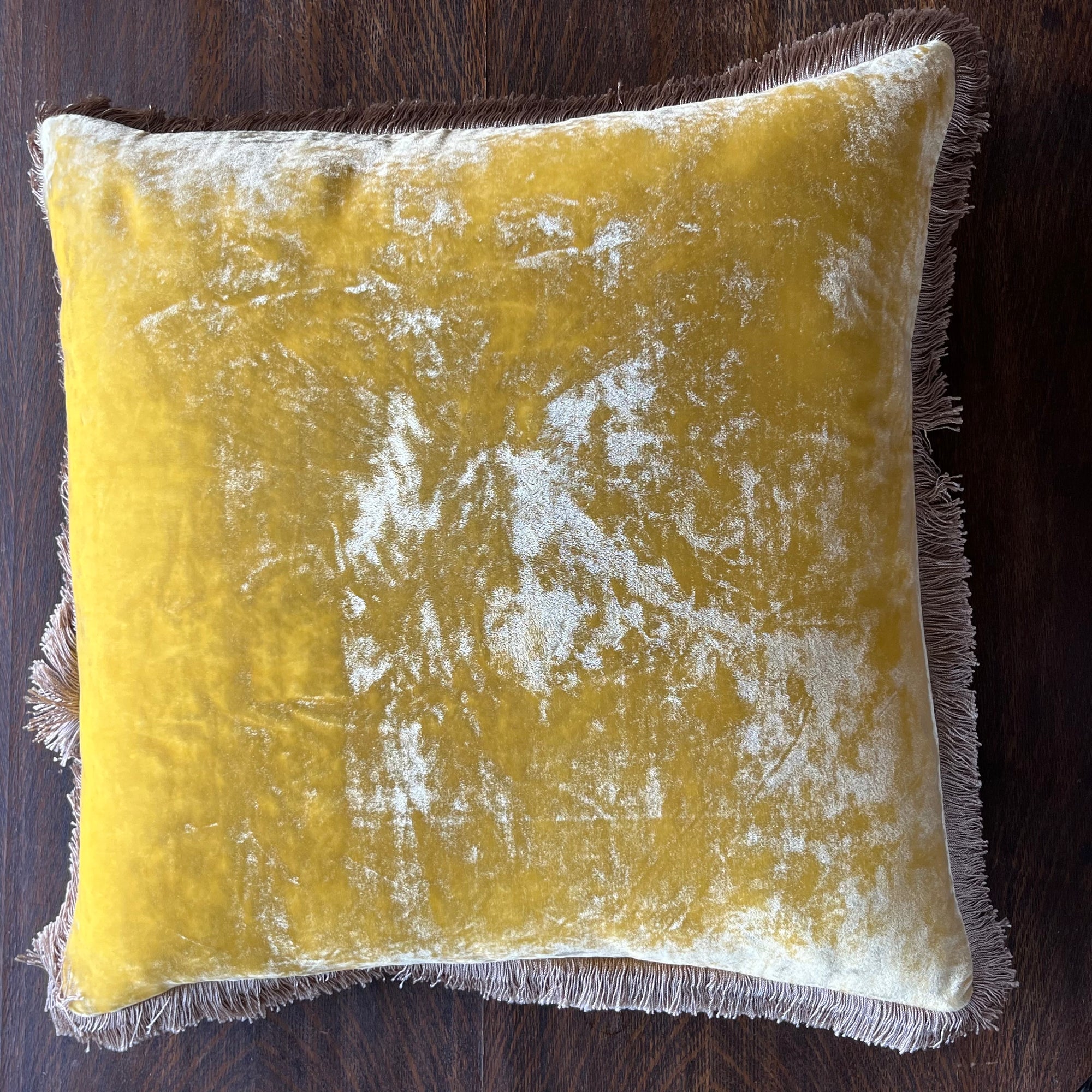 Anke Drechsel Corn Yellow Silk Pillow with Beige Fringe 20" x 20". Spring 24