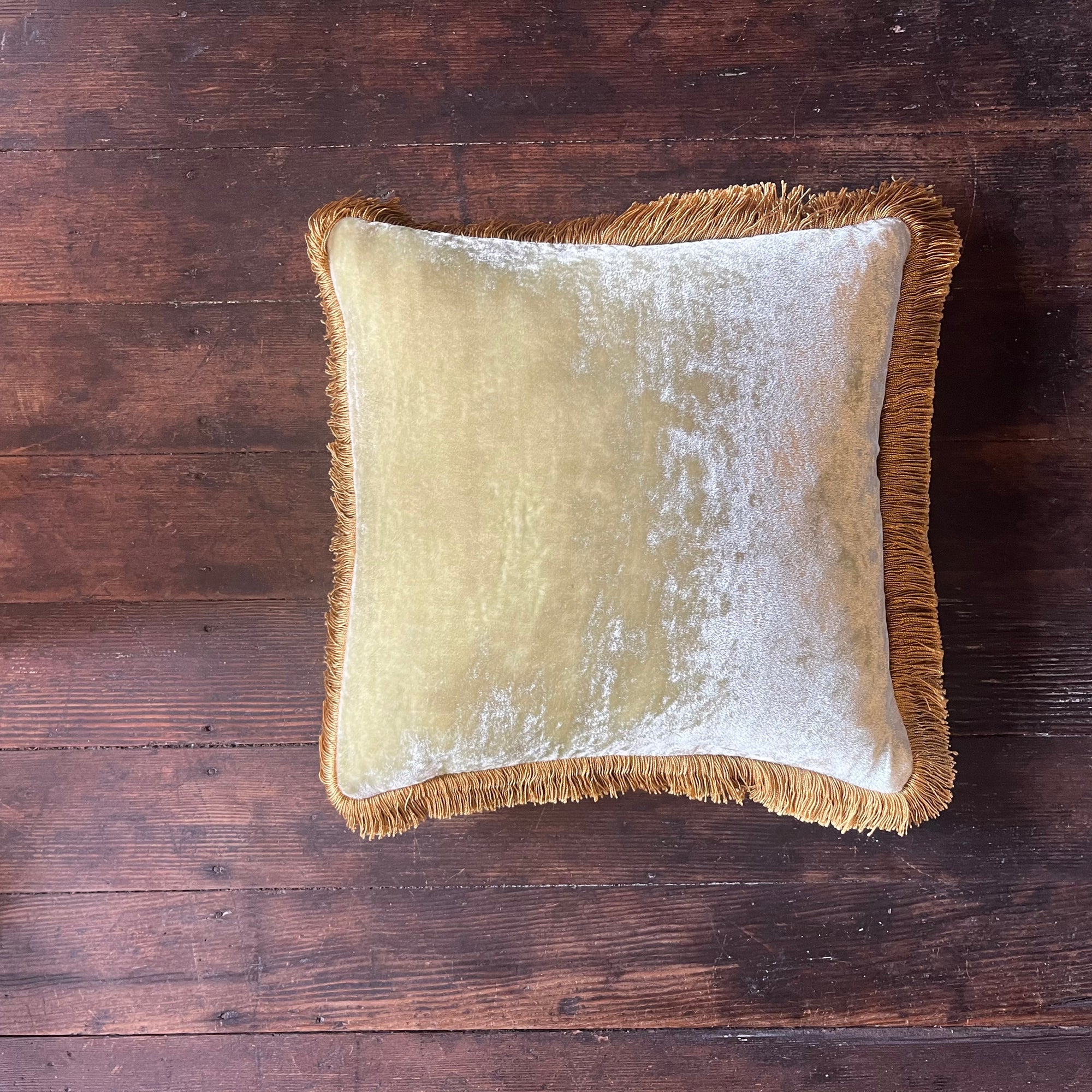 Anke Drechsel Silk Velvet Apple Green Pillow with Gold Fringe 12" x 12"