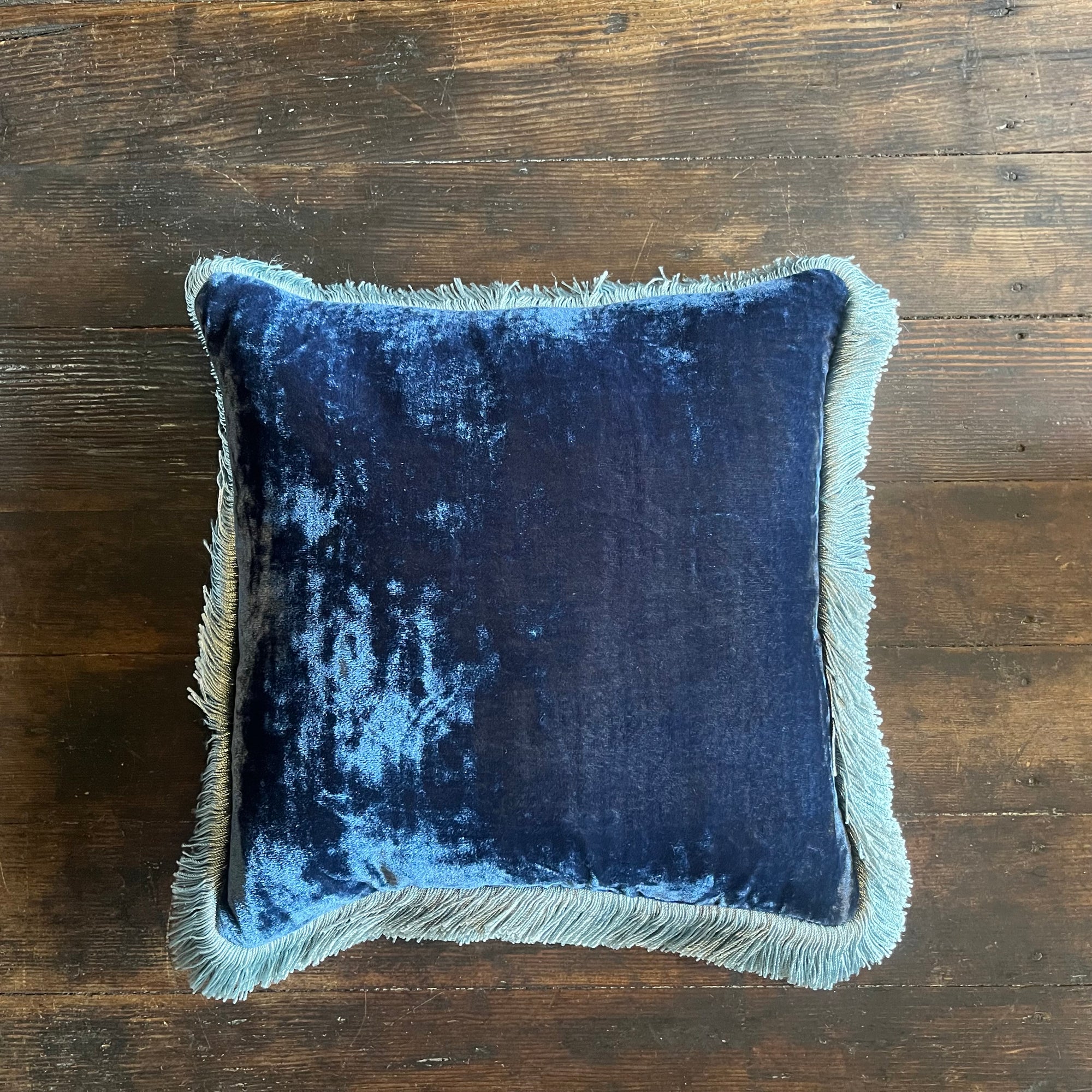 Anke Drechsel Silk Velvet Bleu de Prusse Pillow with Light Blue Fringe