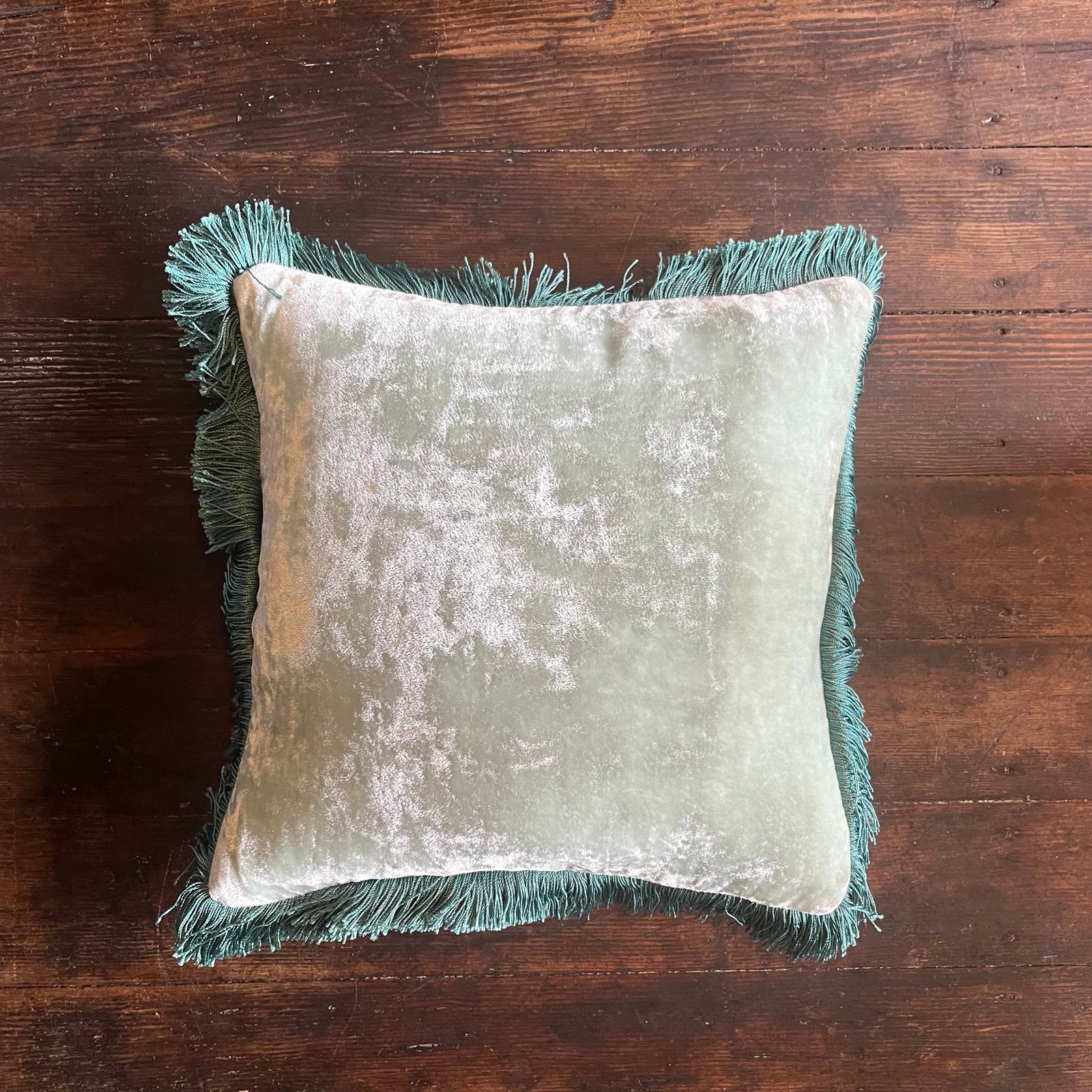 Anke Drechsel Silk Velvet Berg Blue Pillow with Air Blue Fringe 12" x 12"