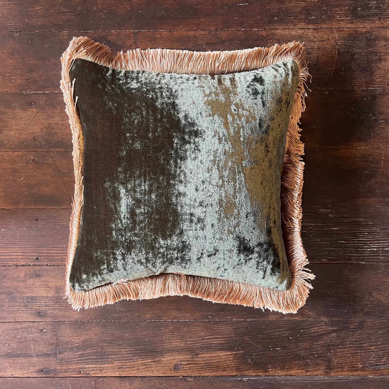 Anke Drechsel Silk Velvet Bottle Green Pillow with Beige Fringe 12" x 12"