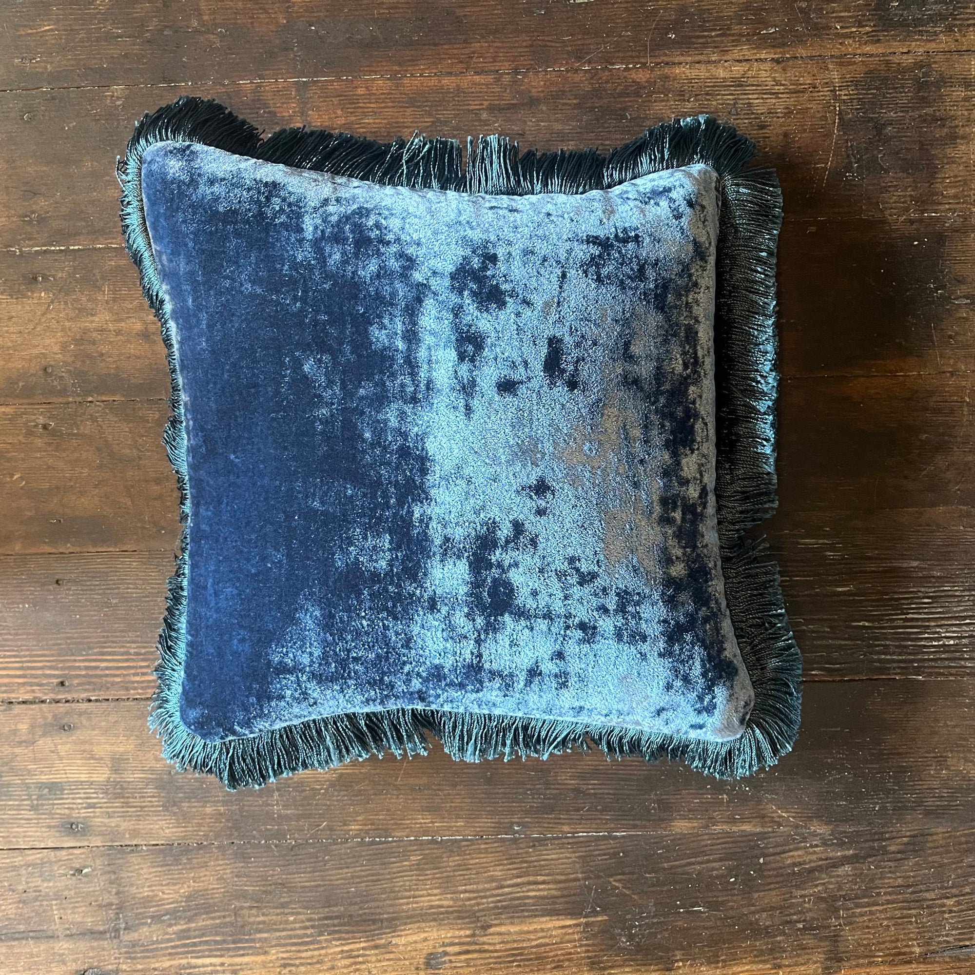 Anke Drechsel Silk Velvet Cobalt Pillow with Indigo Fringe 12" x 12"