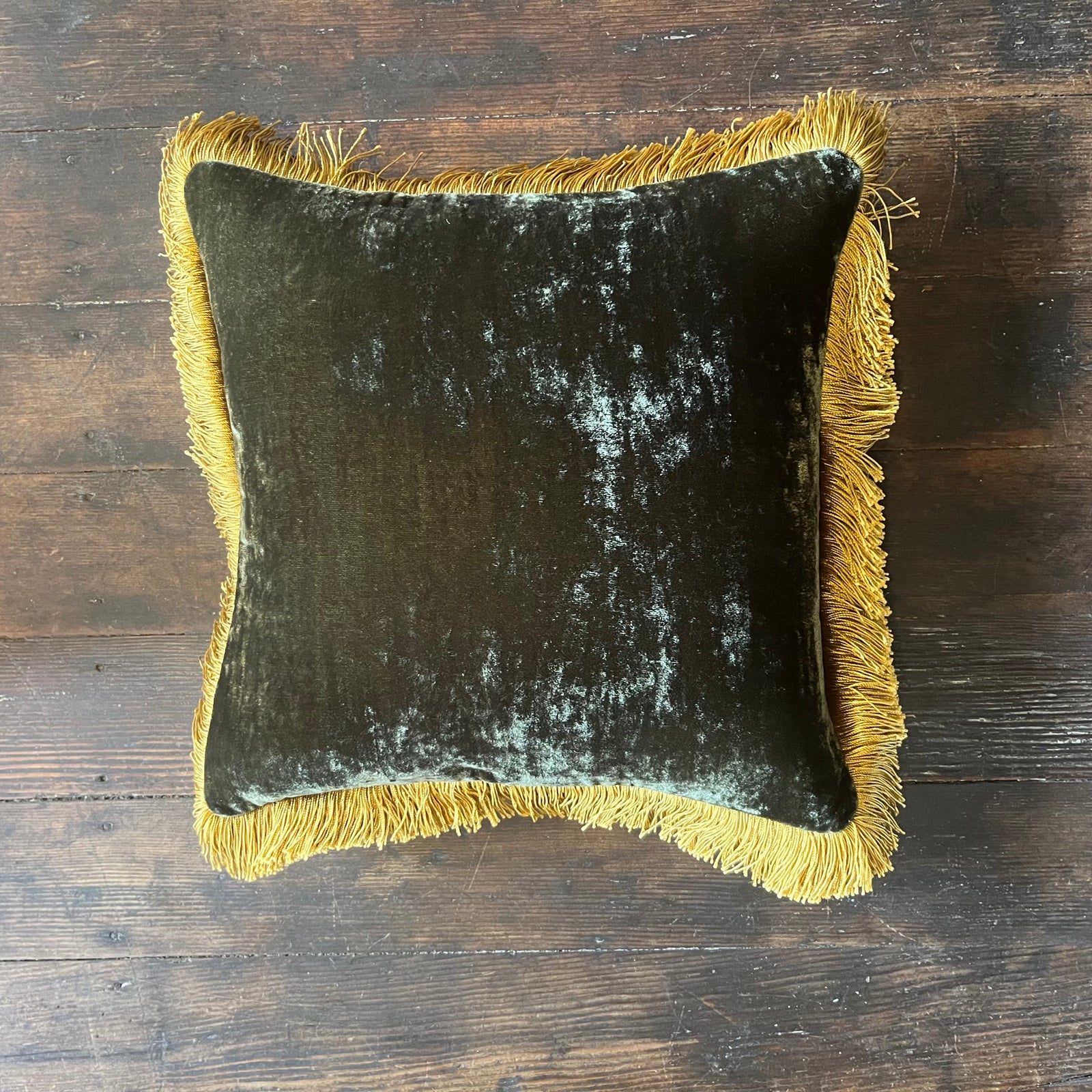 Anke Drechsel Silk Velvet Dark Green Pillow with Gold Fringe 12" x 12"