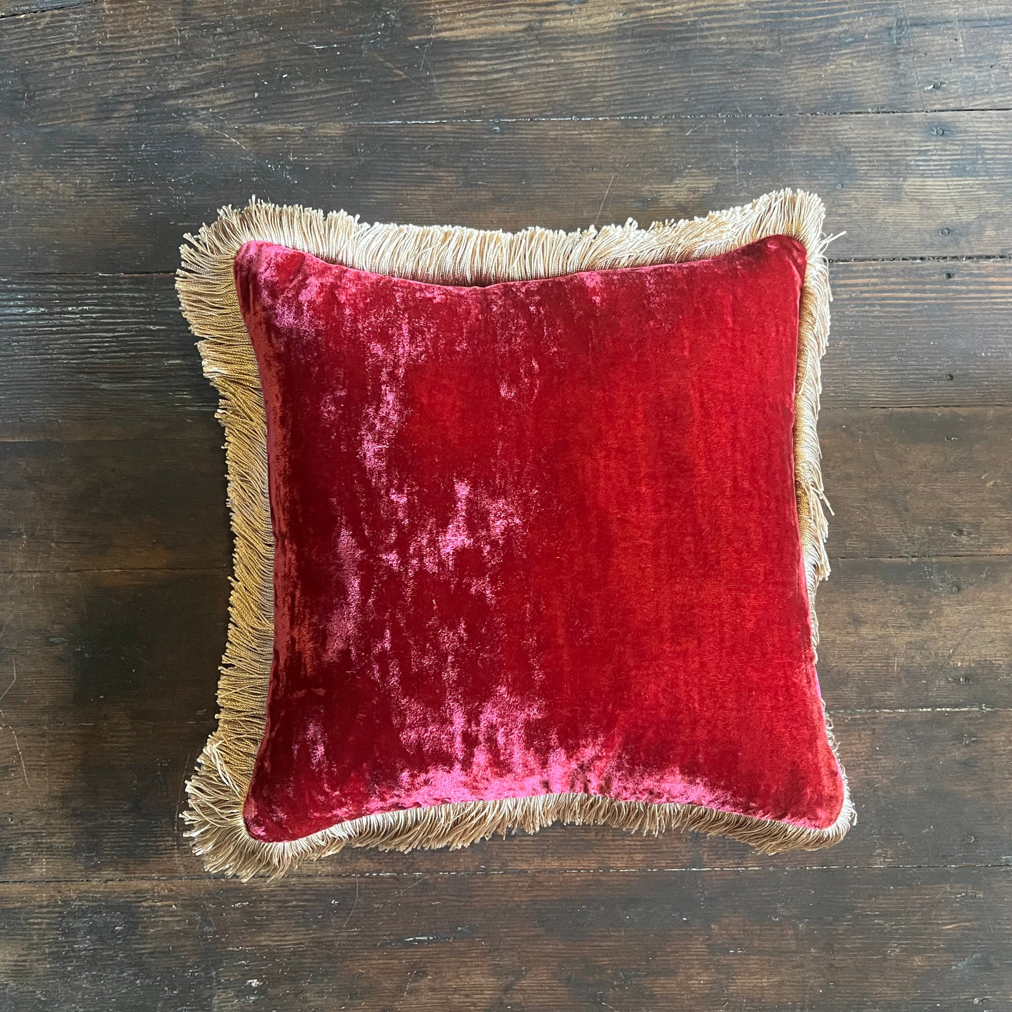 Anke Drechsel Silk Velvet Dark Rouge Pillow with Beige Fringe 12" x 12"