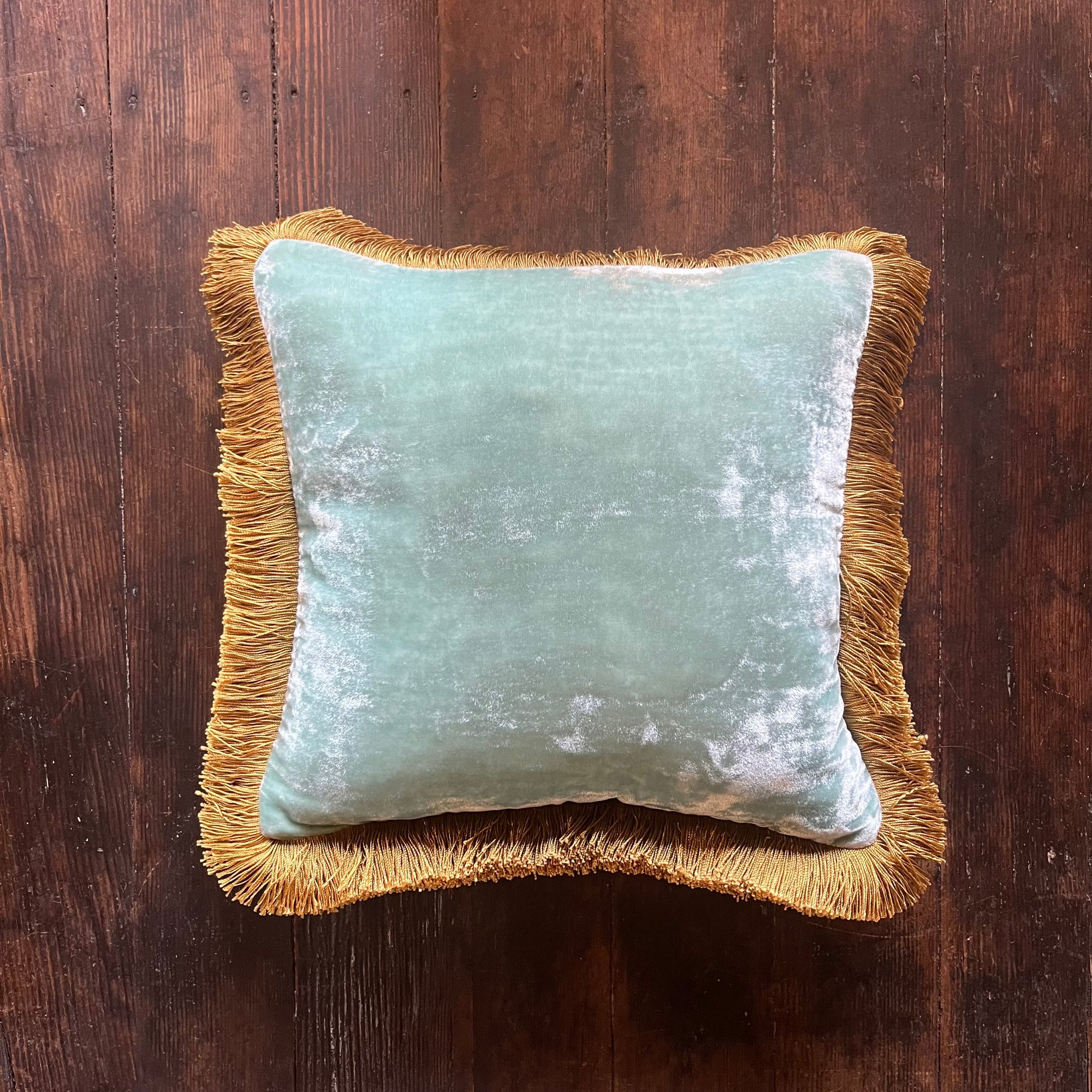 Anke Drechsel Silk Velvet Glacier Blue Pillow with Gold Fringe 12" x 12"