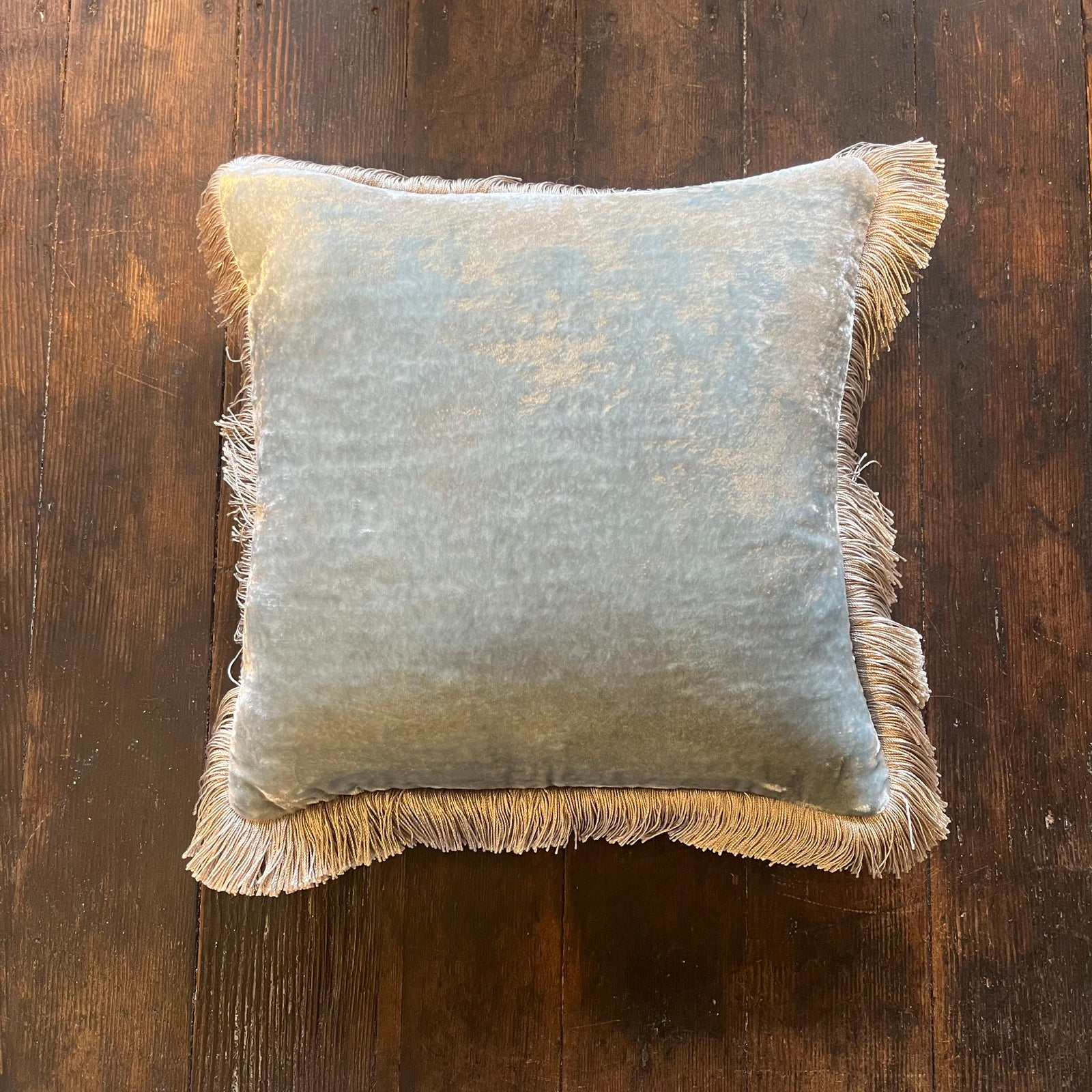 Anke Drechsel Silk Velvet Heavenly Blue Pillow with New Silver Fringe 12" x 12"