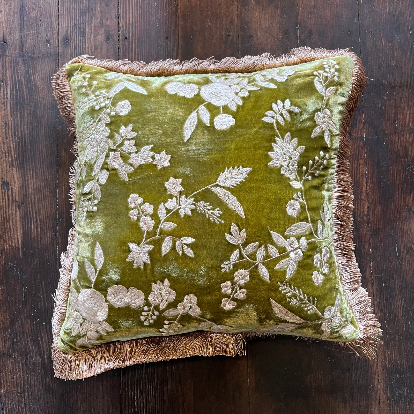 Anke Drechsel Liza Foliate Green Pillow with Silver Beige Fringe