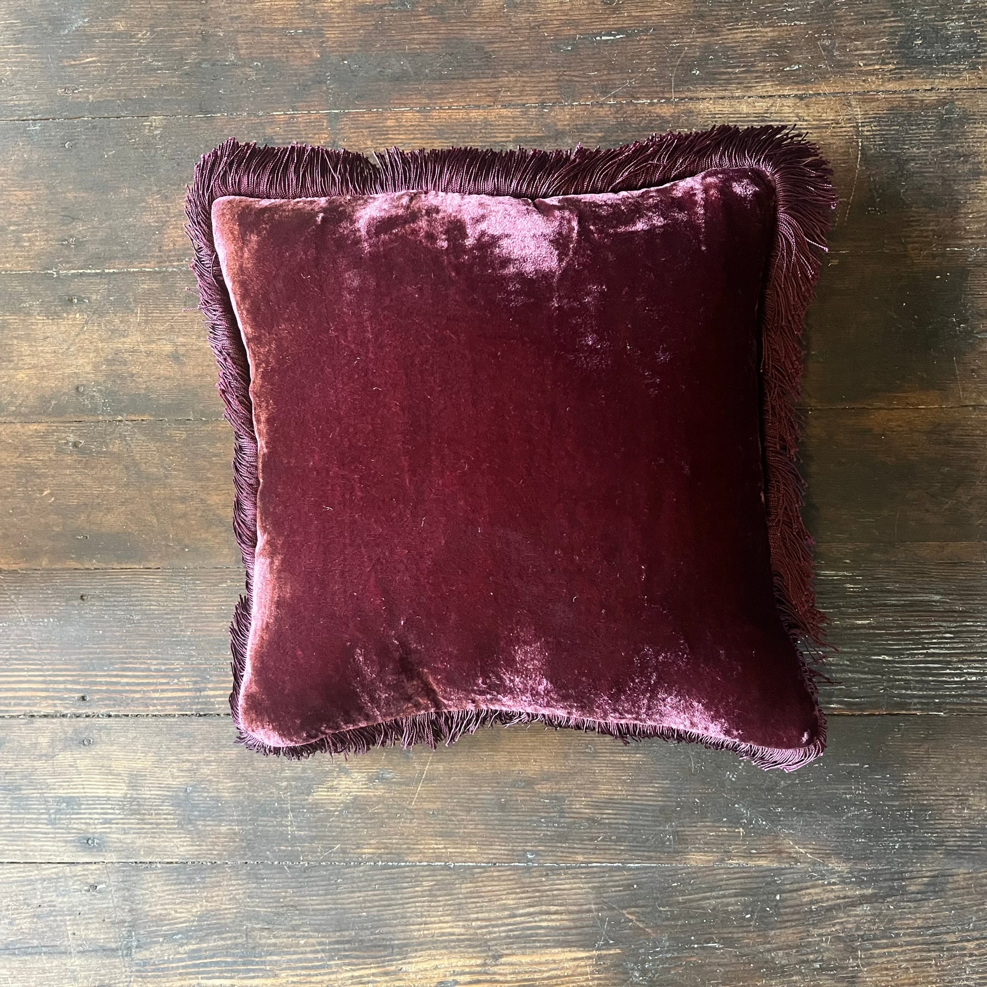 Anke Drechsel Silk Velvet Mulberry Pillow with Aubergine Fringe 12" x 12"