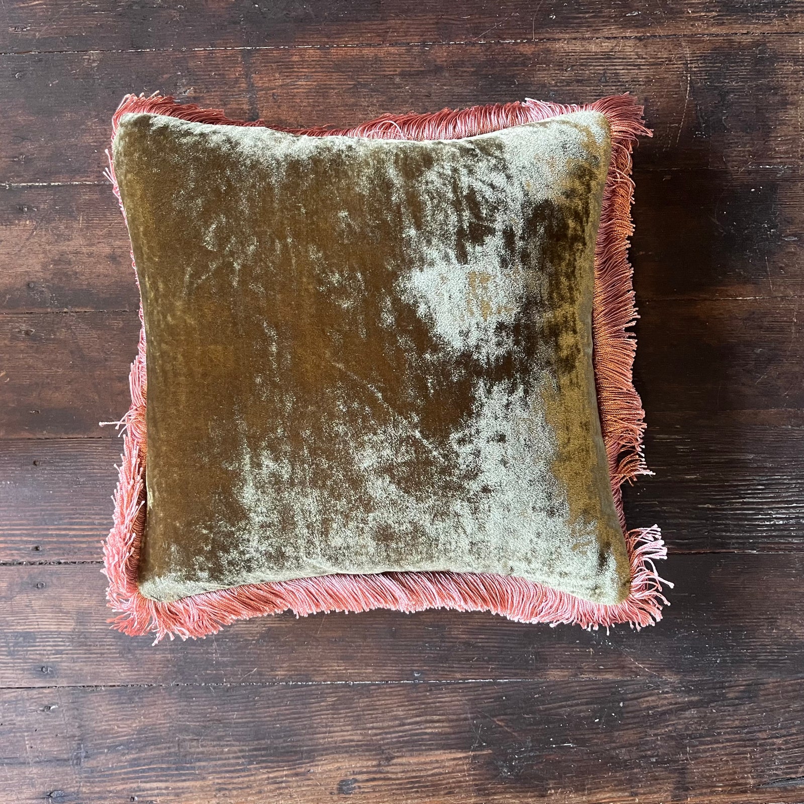 Anke Drechsel Silk Velvet Olive Pillow with Peach Rose Fringe 12" x 12"