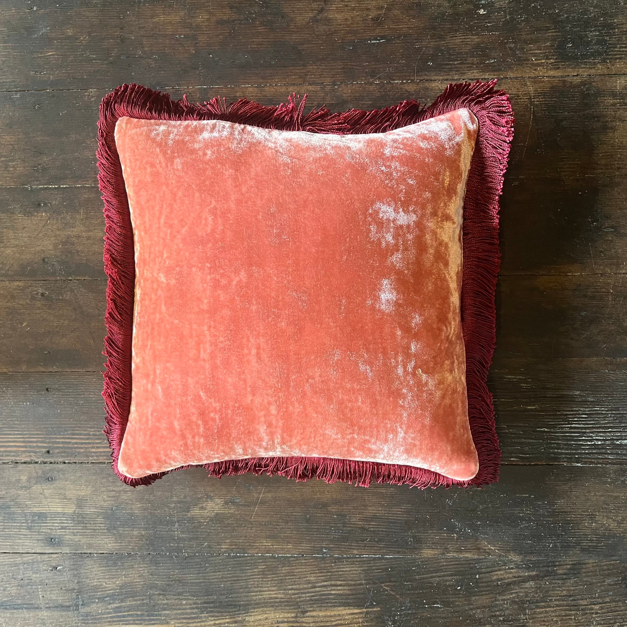 Anke Drechsel Silk Velvet Sorbet Pink Pillow with Red Fringe 12" x 12"