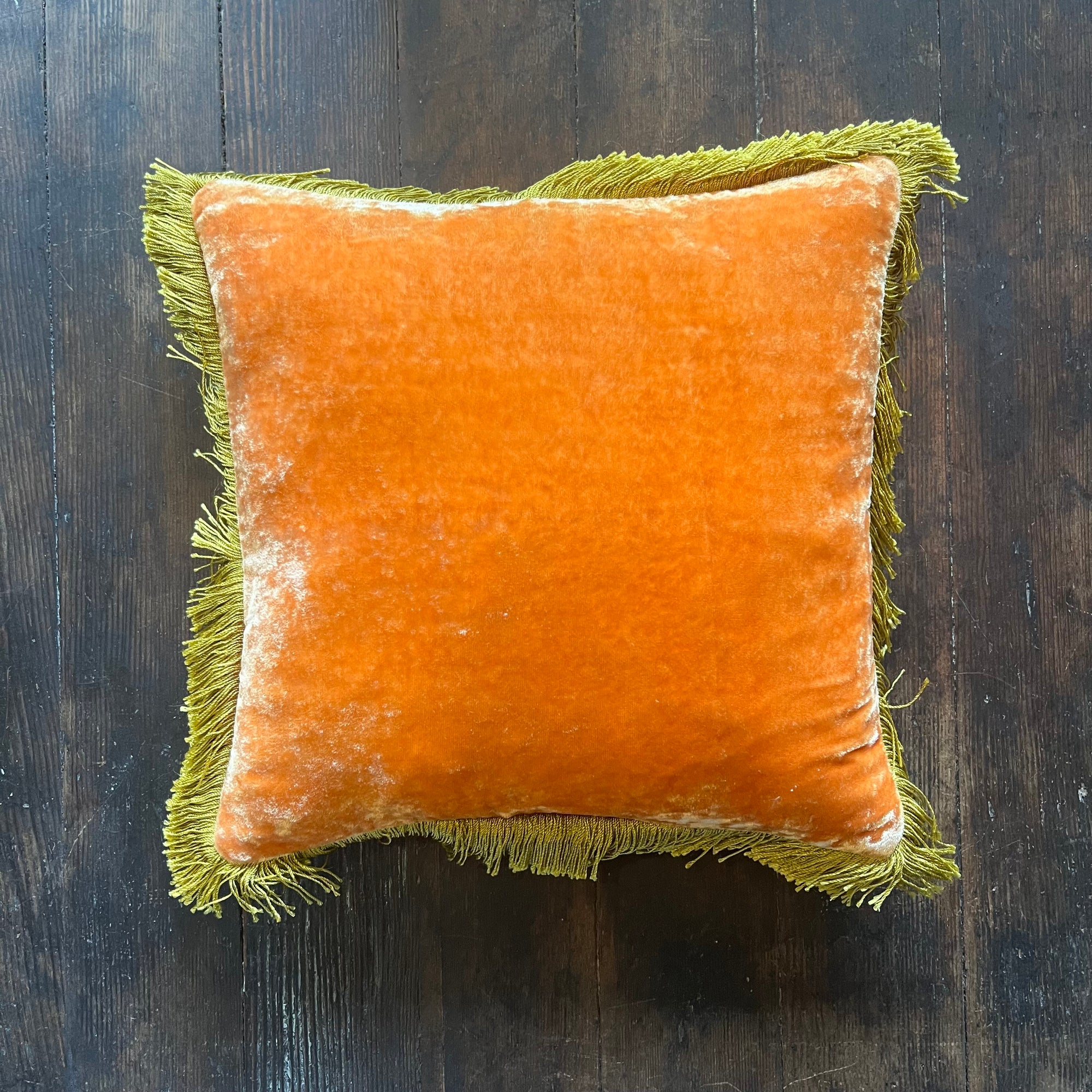 Anke Drechsel Silk Velvet Tangerine Pillow with Citronella Fringe 12" x 12"
