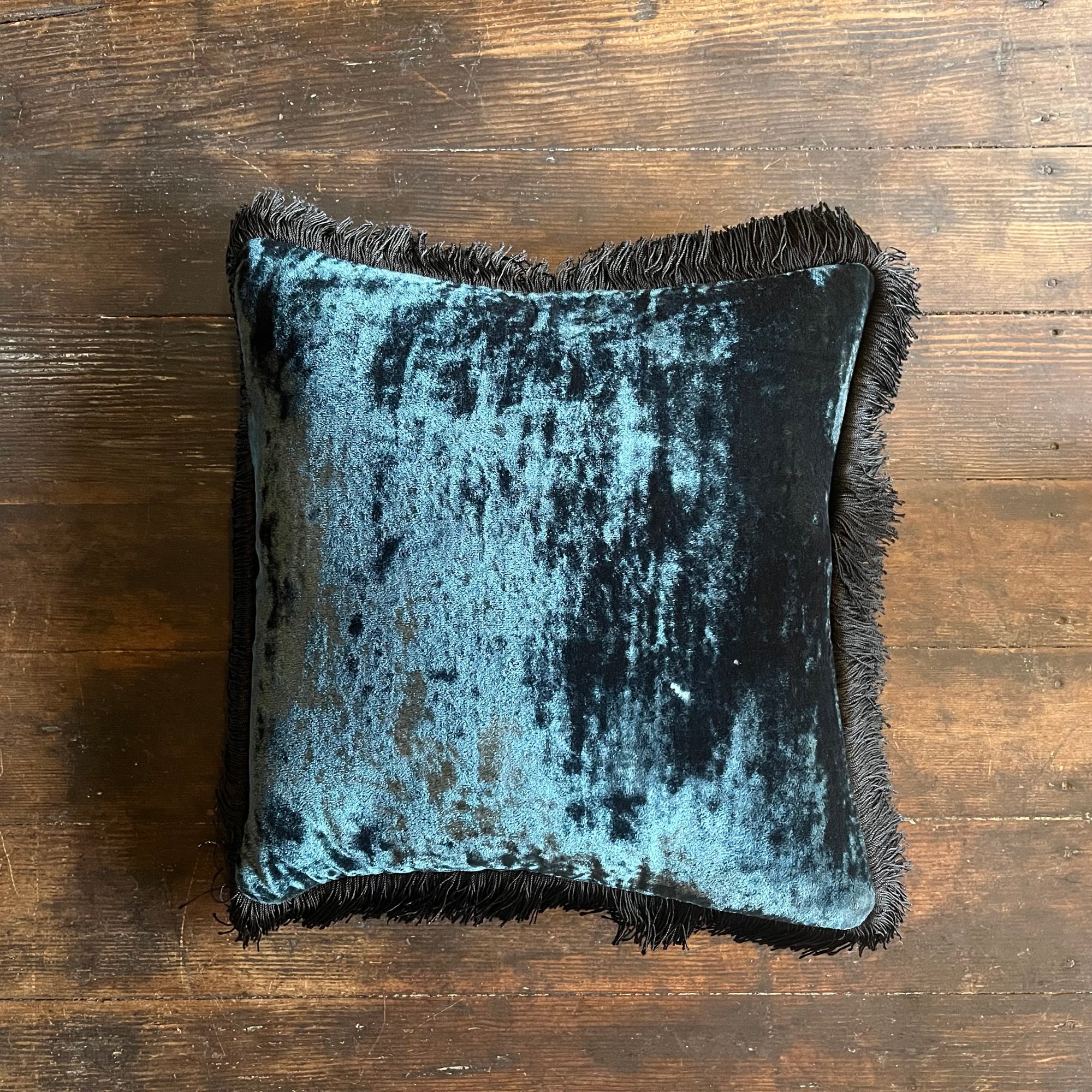 Anke Drechsel Silk Velvet Teal Pillow with Black Fringe 12" x 12"