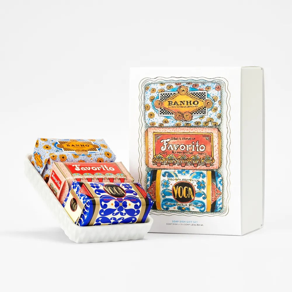 Claus Porto Gift set with 3 Deco Soaps and Soap Dish, Banho, Favorito and Voga