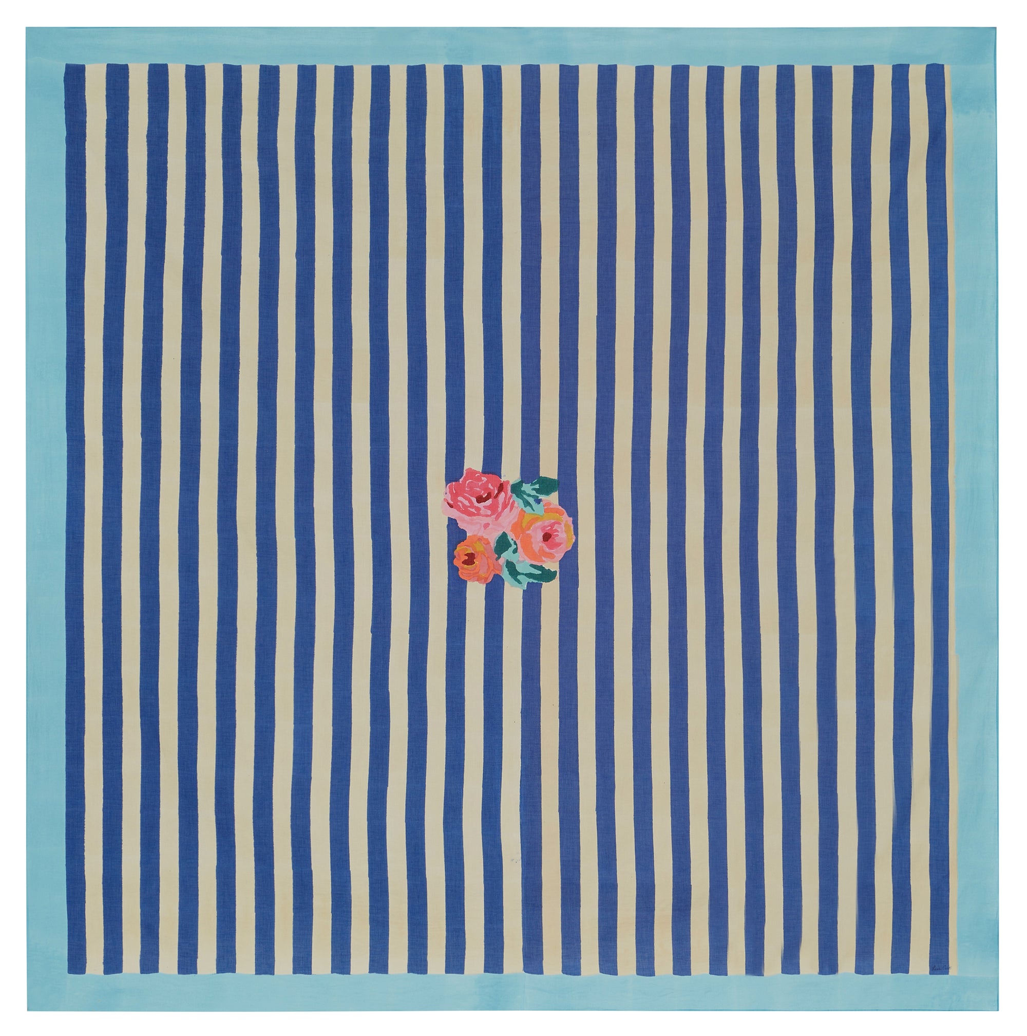Lisa Corti 87" x 87" Square Tablecloth Nizam Blue/Natural Stripes 100% Cotton