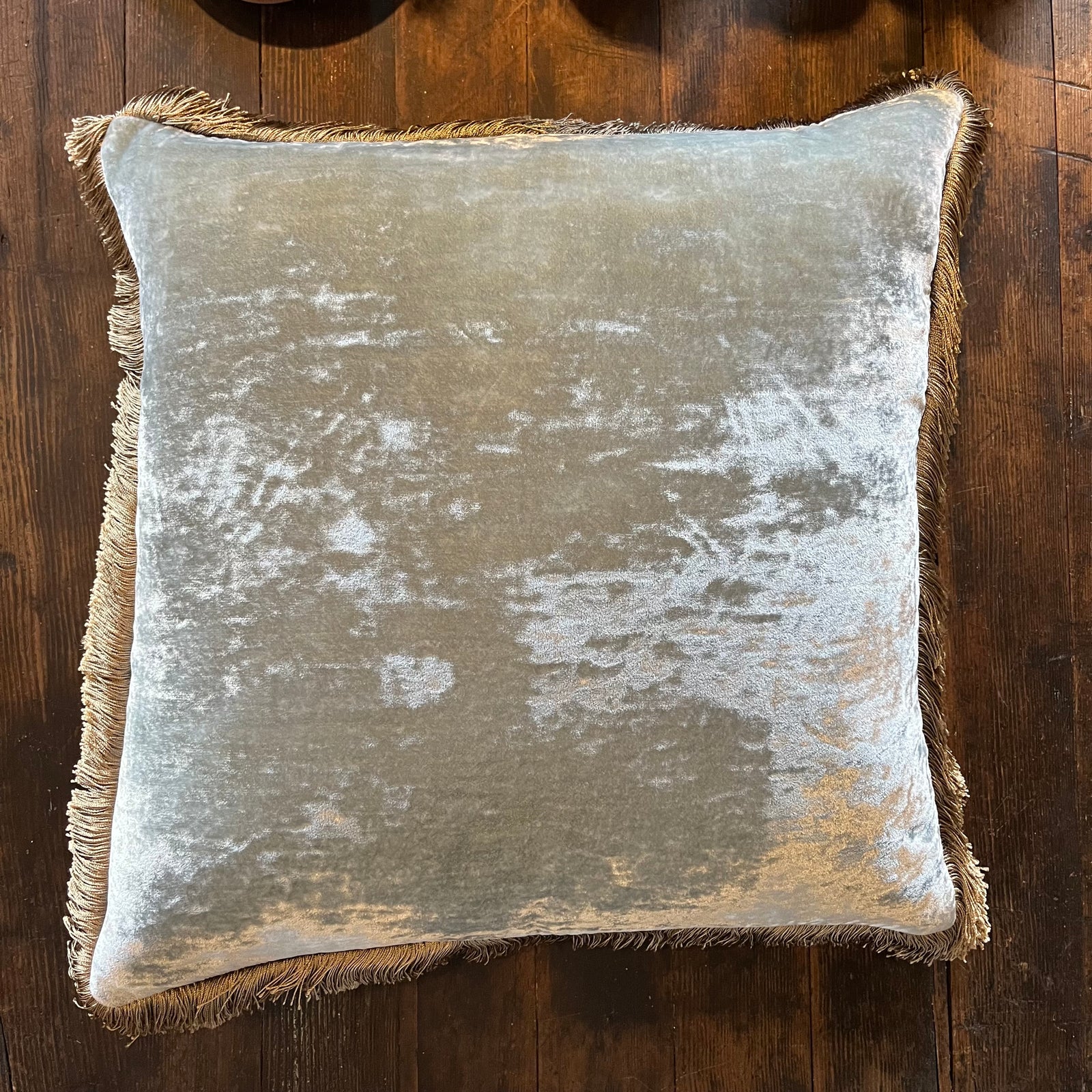 Anke Drechsel Silk Velvet Heavenly Blue Pillow with Silver Fringe 20" x 20"