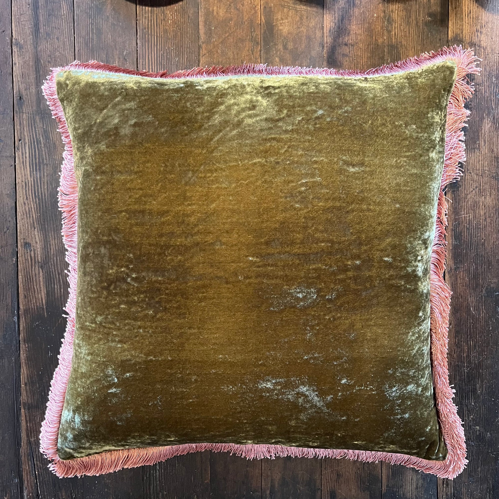 Anke Drechsel Silk Velvet Olive Pillow with Peach Rose Fringe 20" x 20"