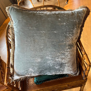 Anke Drechsel Silk Velvet Heavenly Blue Pillow with Silver Fringe 20" x 20"