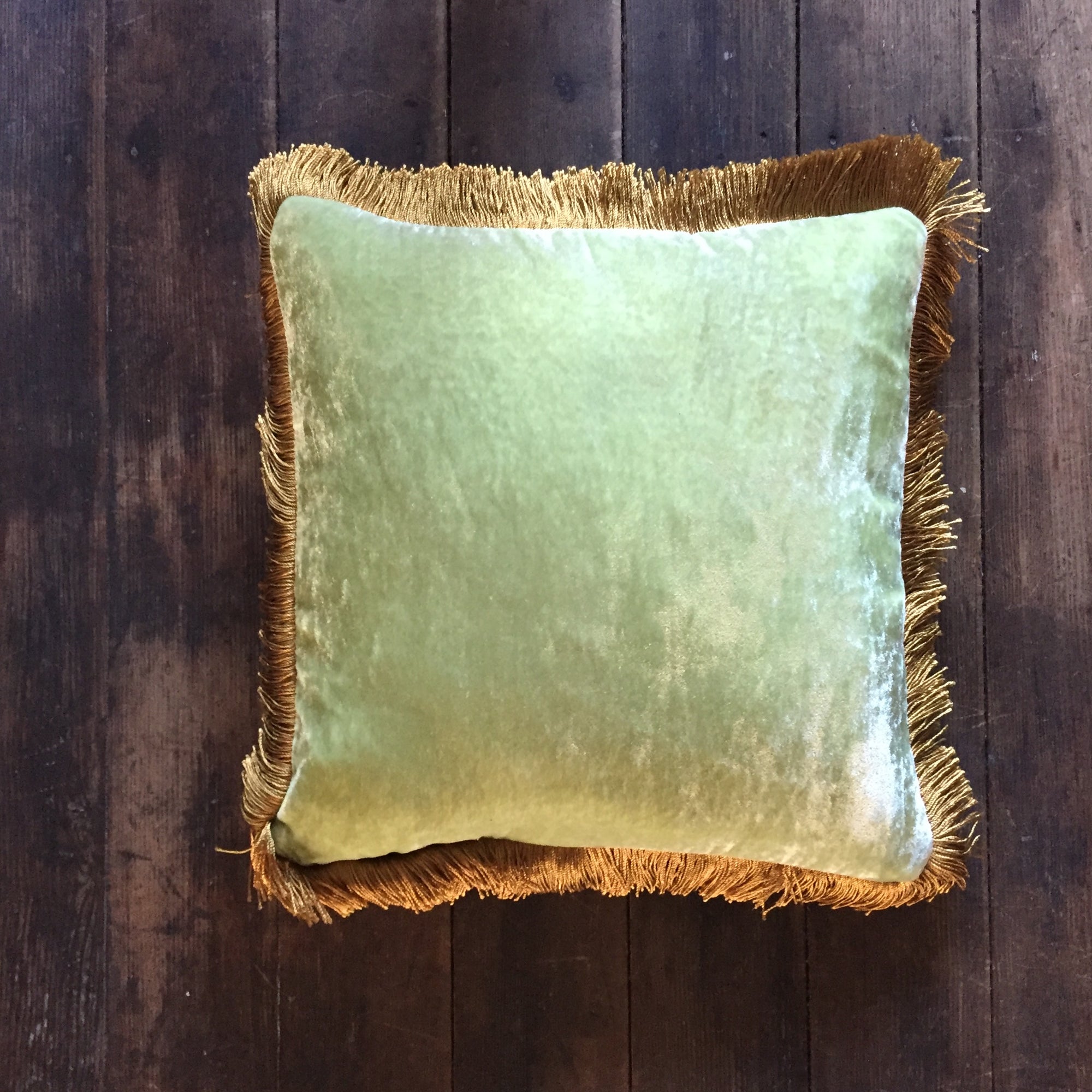 Anke Drechsel Apple Green Silk Velvet Pillow with Gold Fringe 12" x 12"