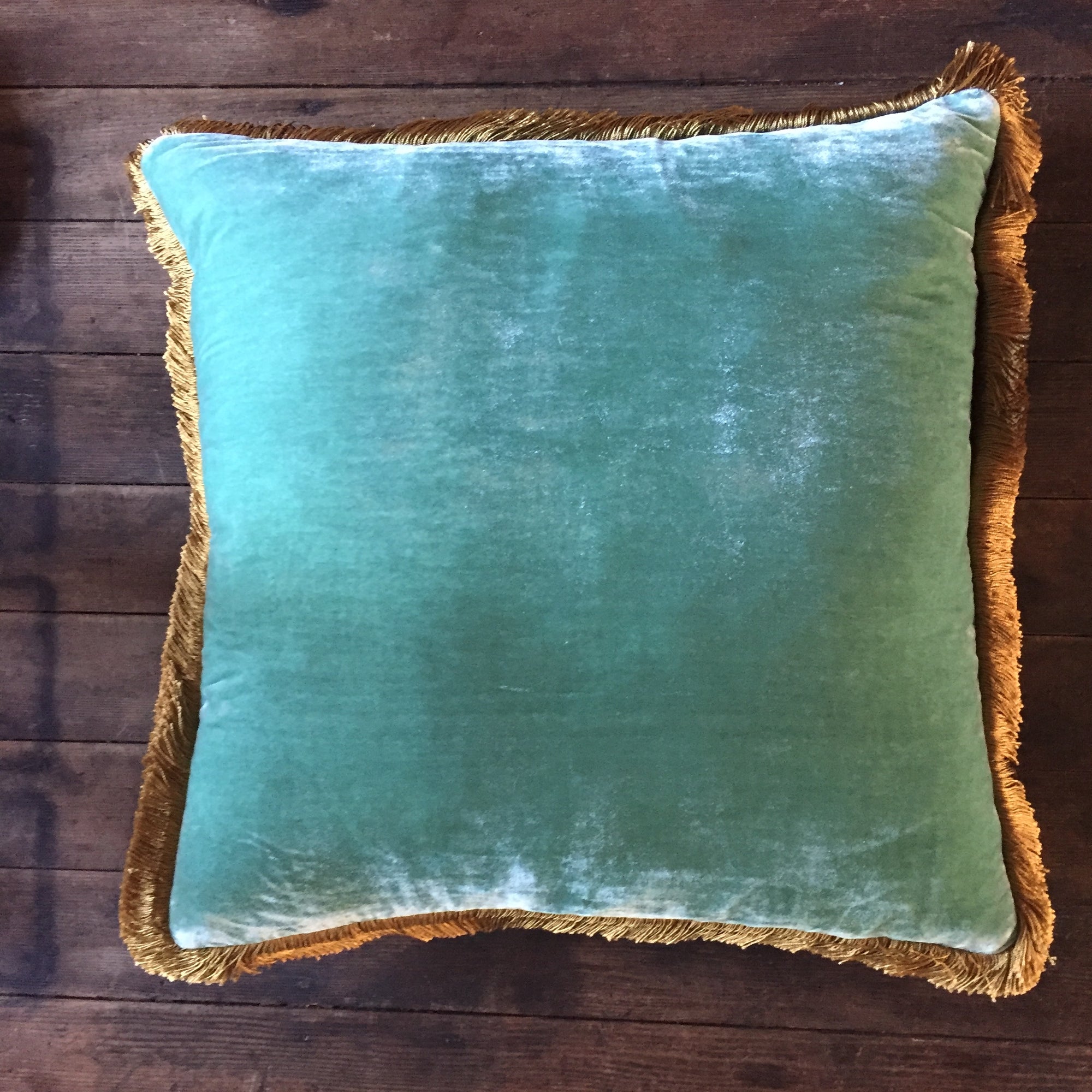 Anke Drechsel Berg Blue Silk Velvet Pillow with Gold Fringe 20" x 20" Spring 24
