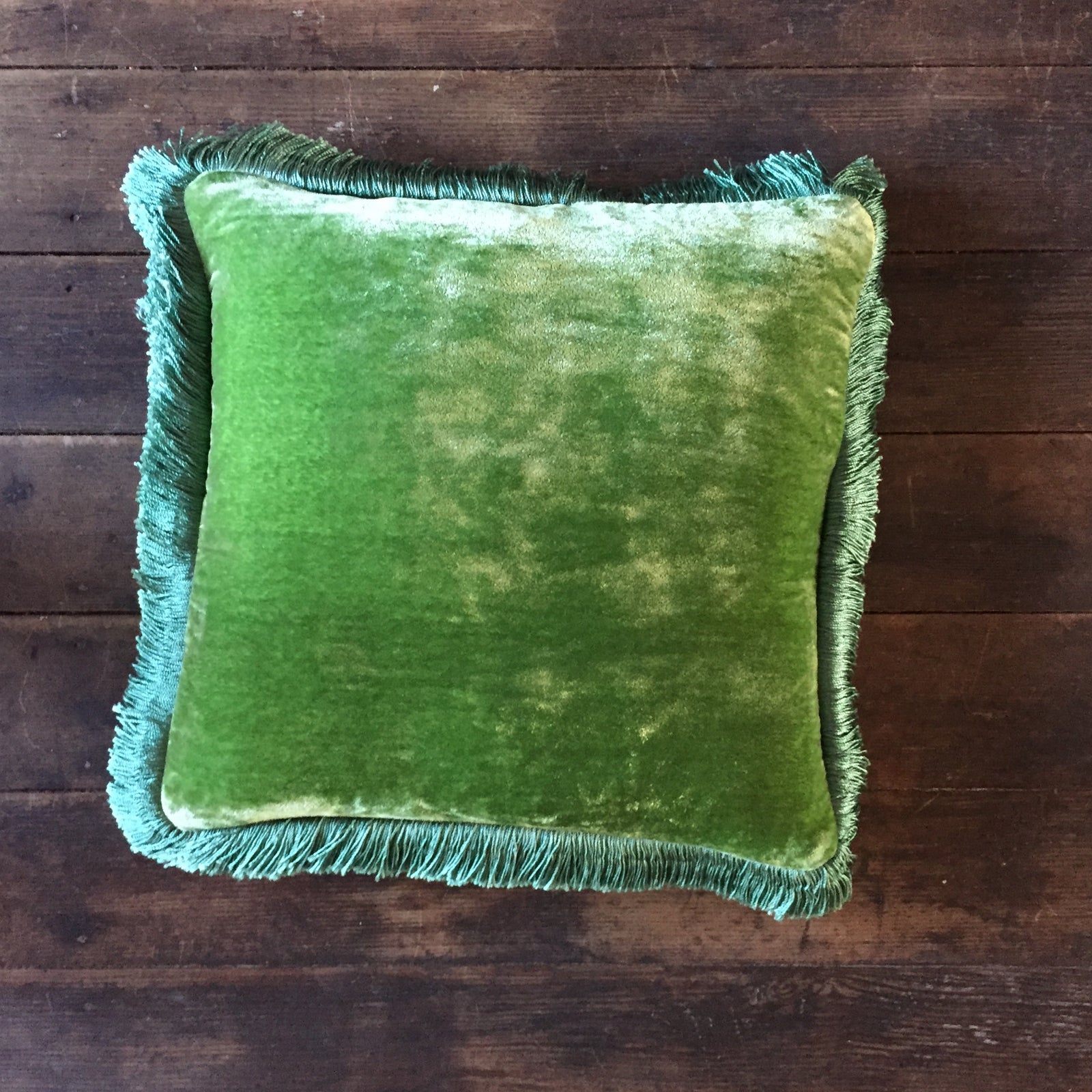 Anke Drechsel Emerald Silk Velvet Pillow with Air Blue Fringe 12' x 12"
