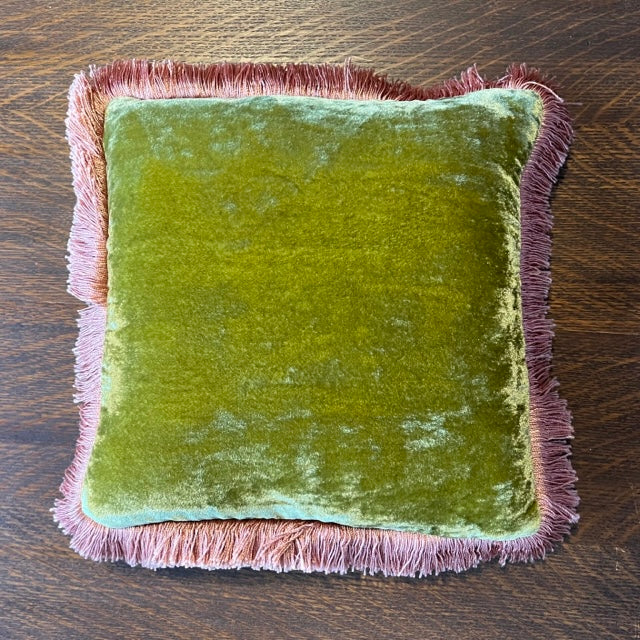 Anke Drechsel Foliate Green Pillow 10.6" x 10.6" with Peach Rose Fringe