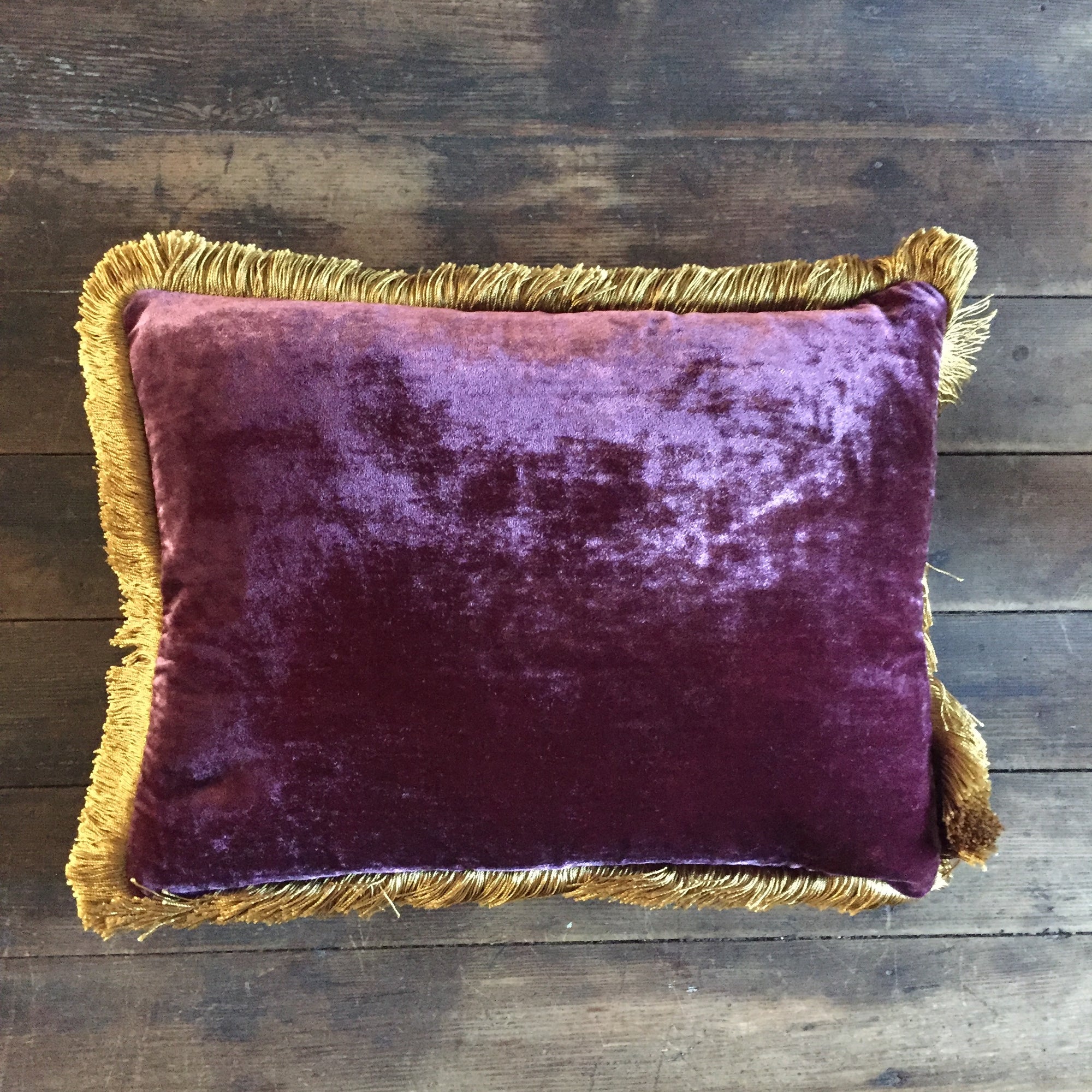 Anke Drechsel Grape Silk Velvet Pillow with Gold Fringe 12" x 16"