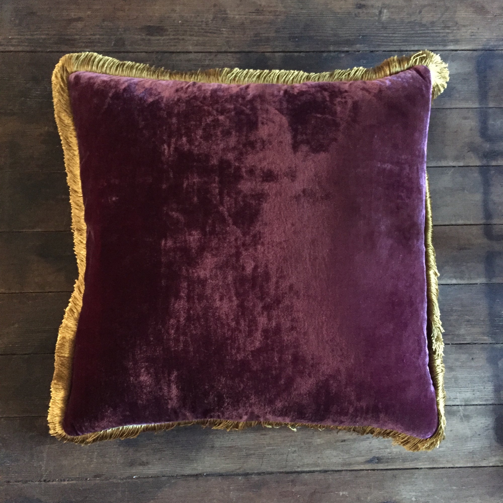 Anke Drechsel Grape Silk Velvet Pillow with Gold Fringe 20"x 20"