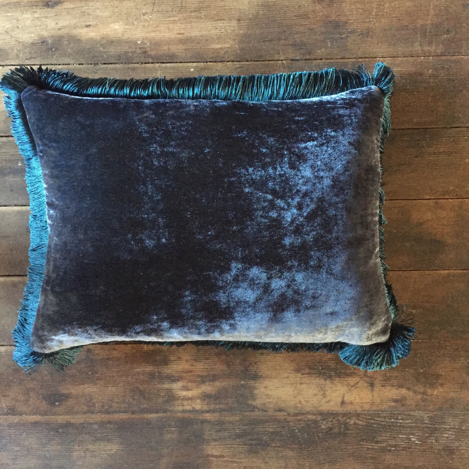 Anke Drechsel Indigo Silk Velvet Pillow with Indigo Fringe 12" x 16"