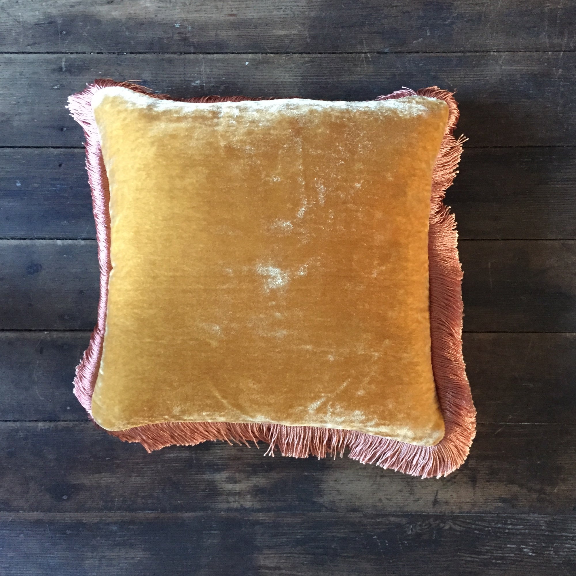 Anke Drechsel Honey Silk Pillow with Peach Rose Fringe 12" x 12"
