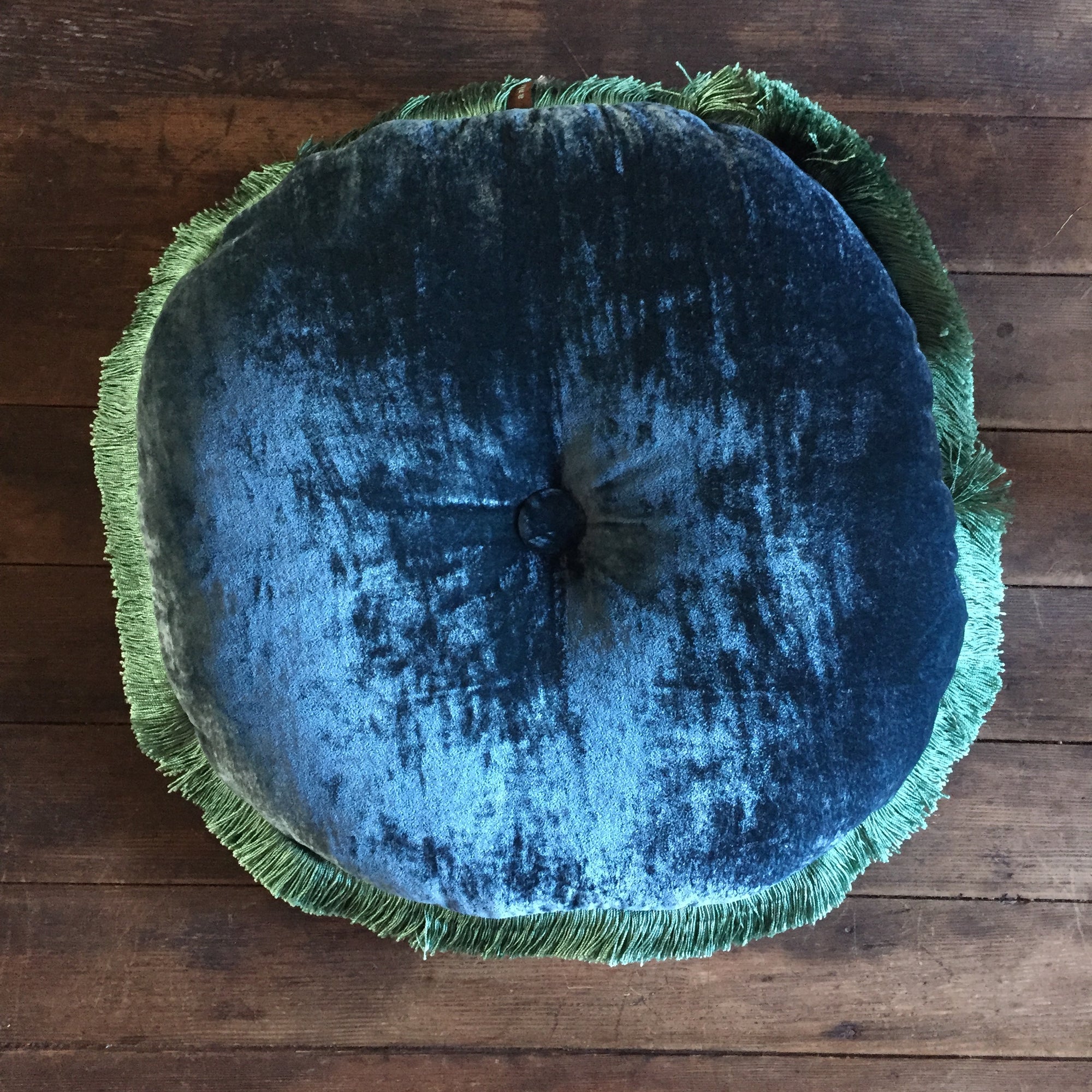 Anke Drechsel Majolica Blue Silk Velvet Button Pillow with Air Blue Fringe 18" Round