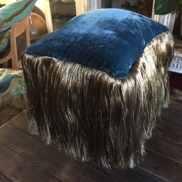 Anke Drechsel Majolica Blue Silk Velvet Pillow with Long Metal Fringe