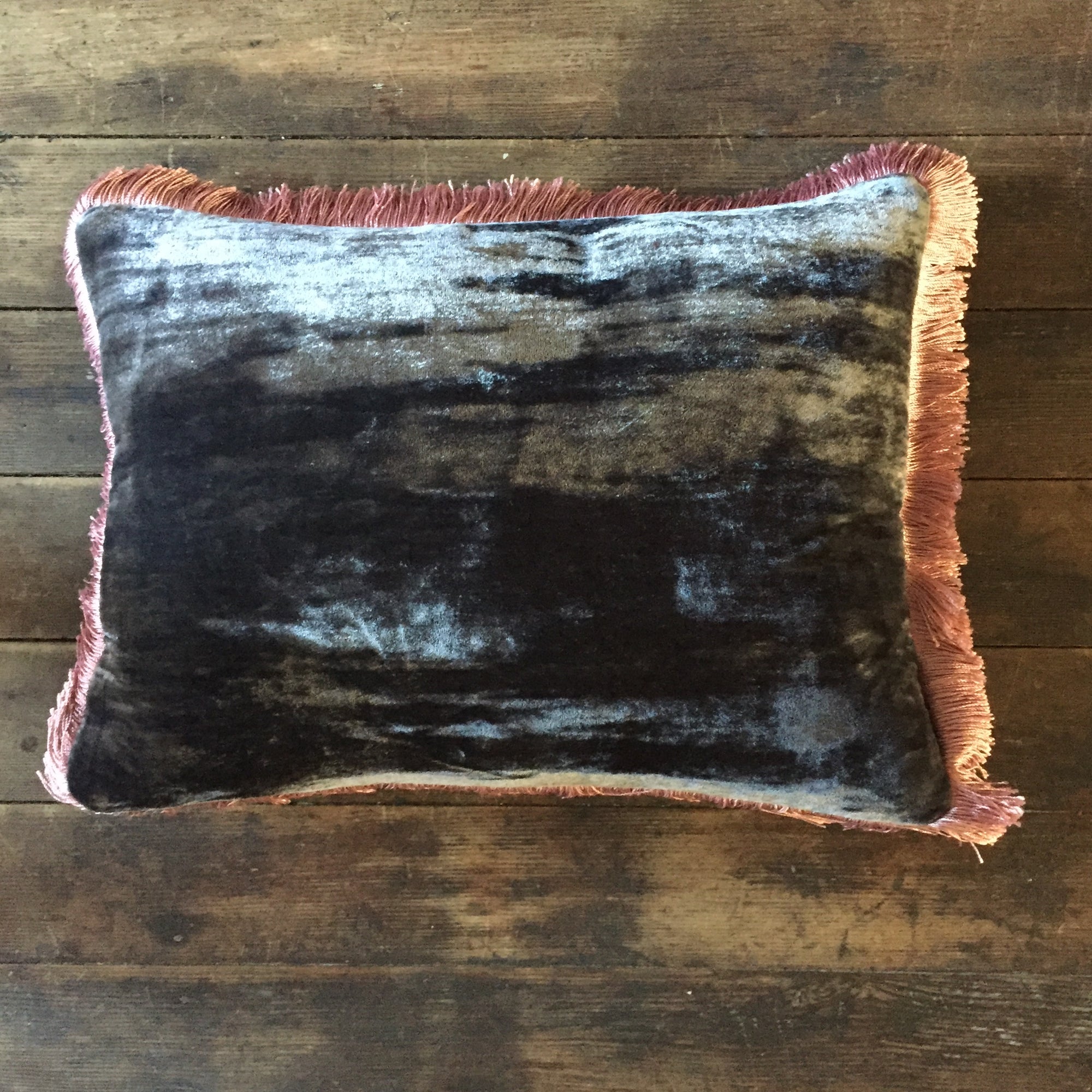 Anke Drechsel Nightshade Silk Velvet Pillow with Vintage Plum Fringe 12" x 16"