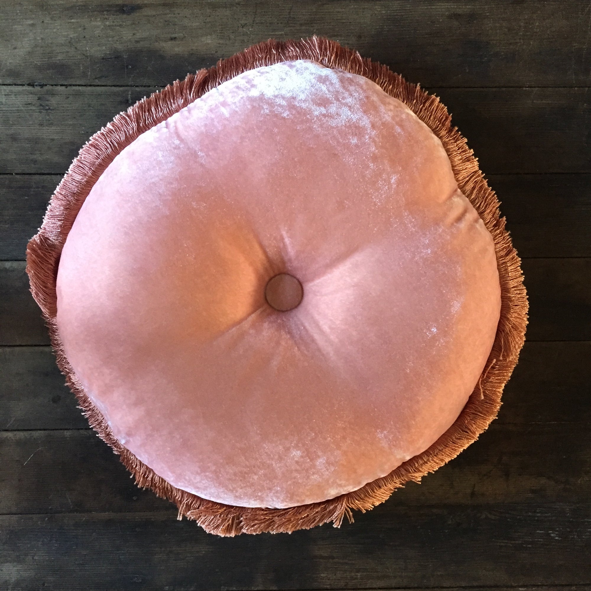 Anke Drechsel Old Rose Silk Velvet Button Cushion with Peach Rose Fringe 18" Round