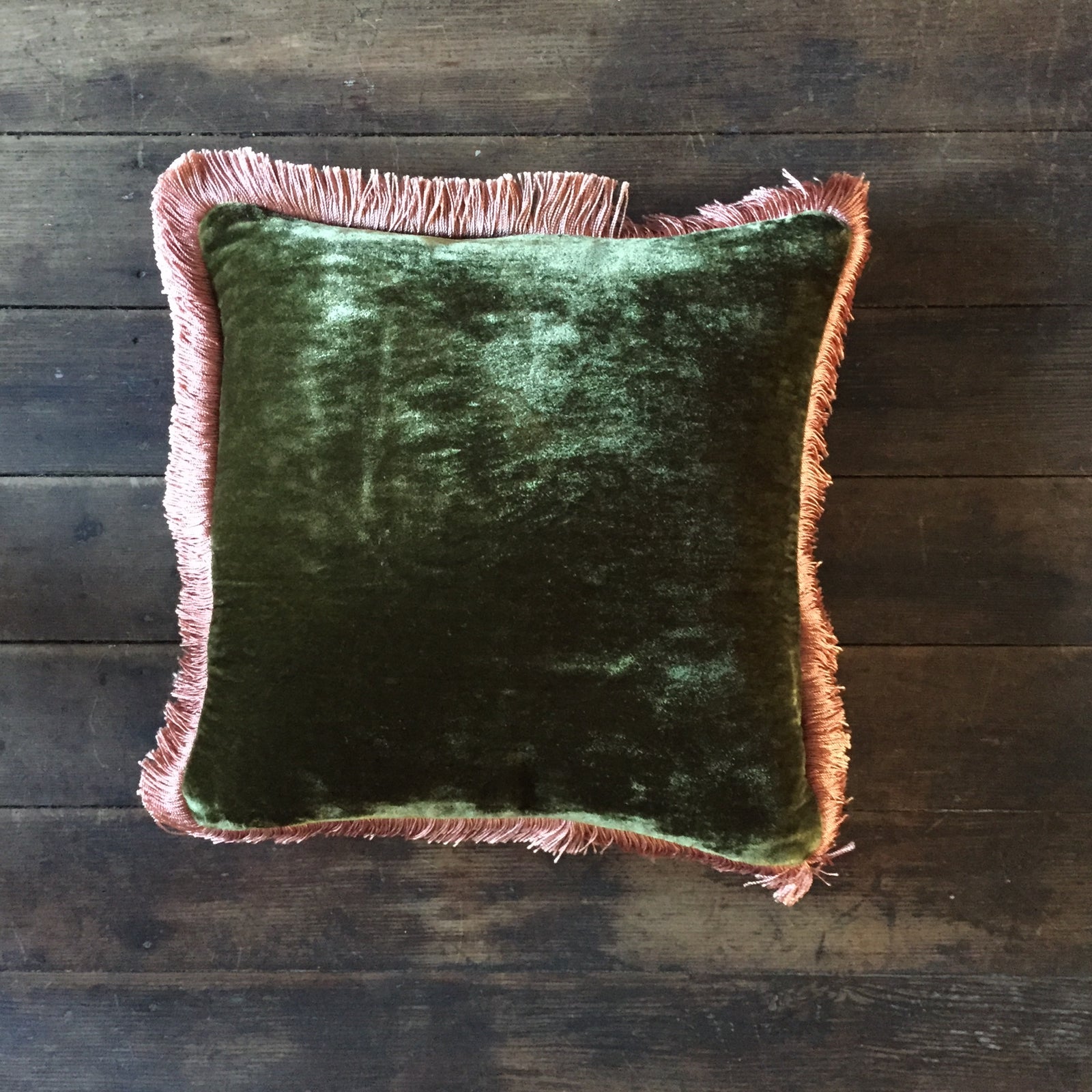 Anke Drechsel Olive Silk Velvet Pillow Peach Rose Fringe 12" x 12"