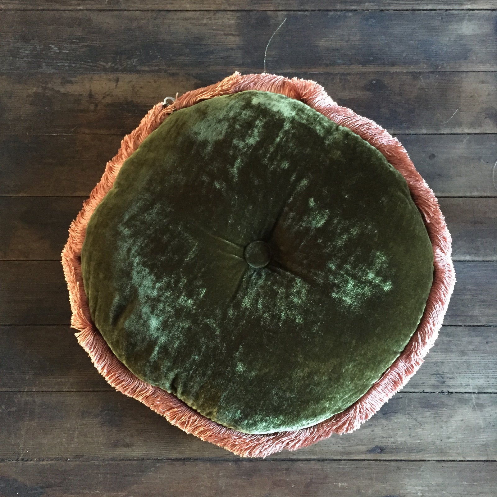Anke Drechsel Olive Silk Velvet Button Pillow with Peach Rose Fringe 18" Round