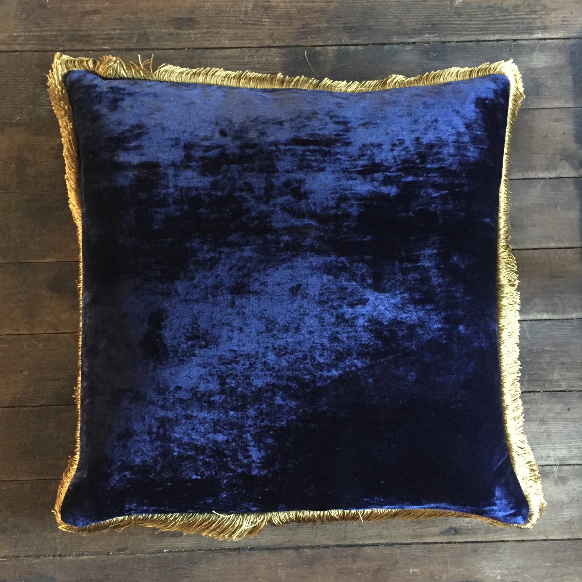 Anke Drechsel Sapphire Silk Velvet Pillow with Gold Fringe 20" x 20"