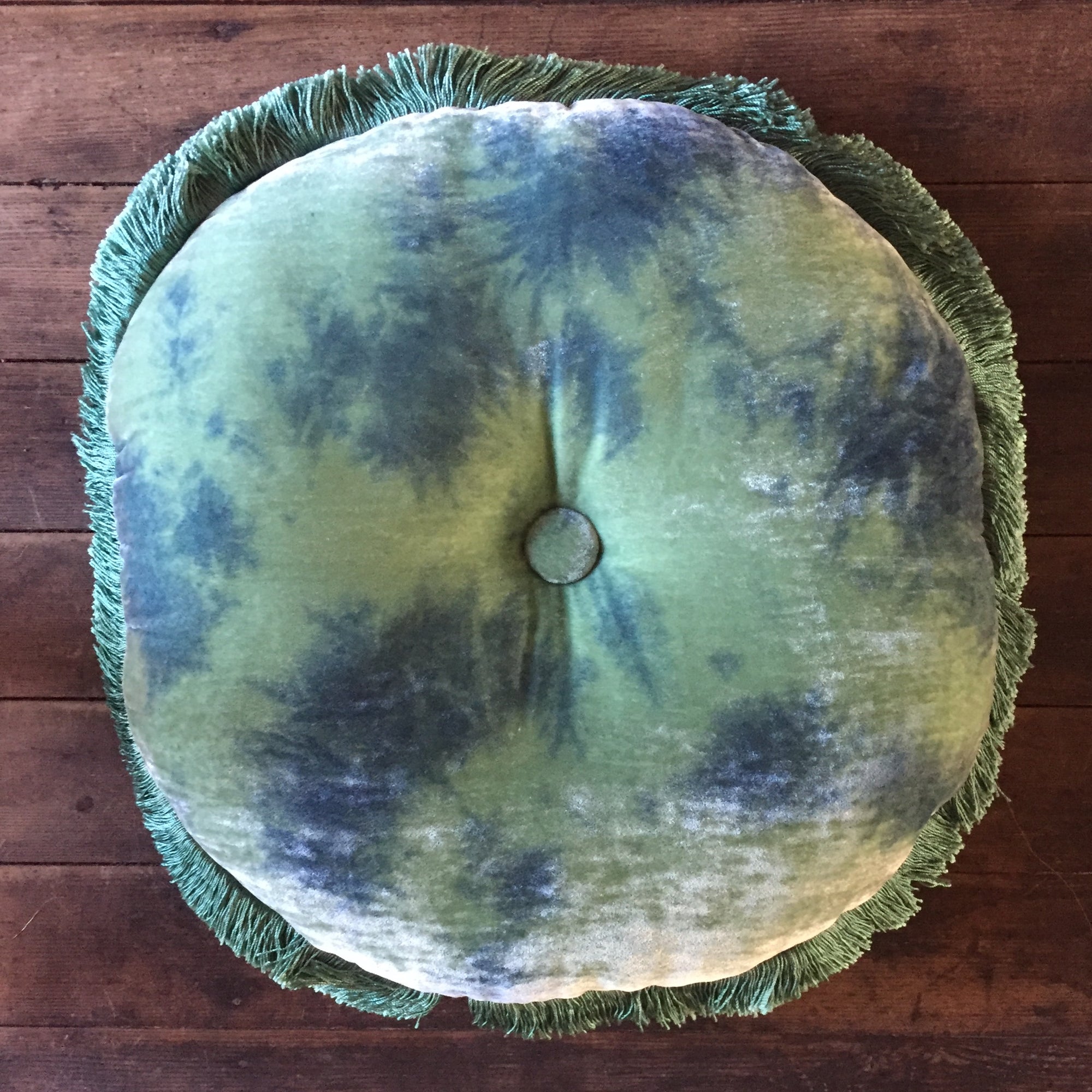 Anke Drechsel Shaded Lagoon Silk Velvet Round Button Pillow with Air Blue Fringe 18" Round