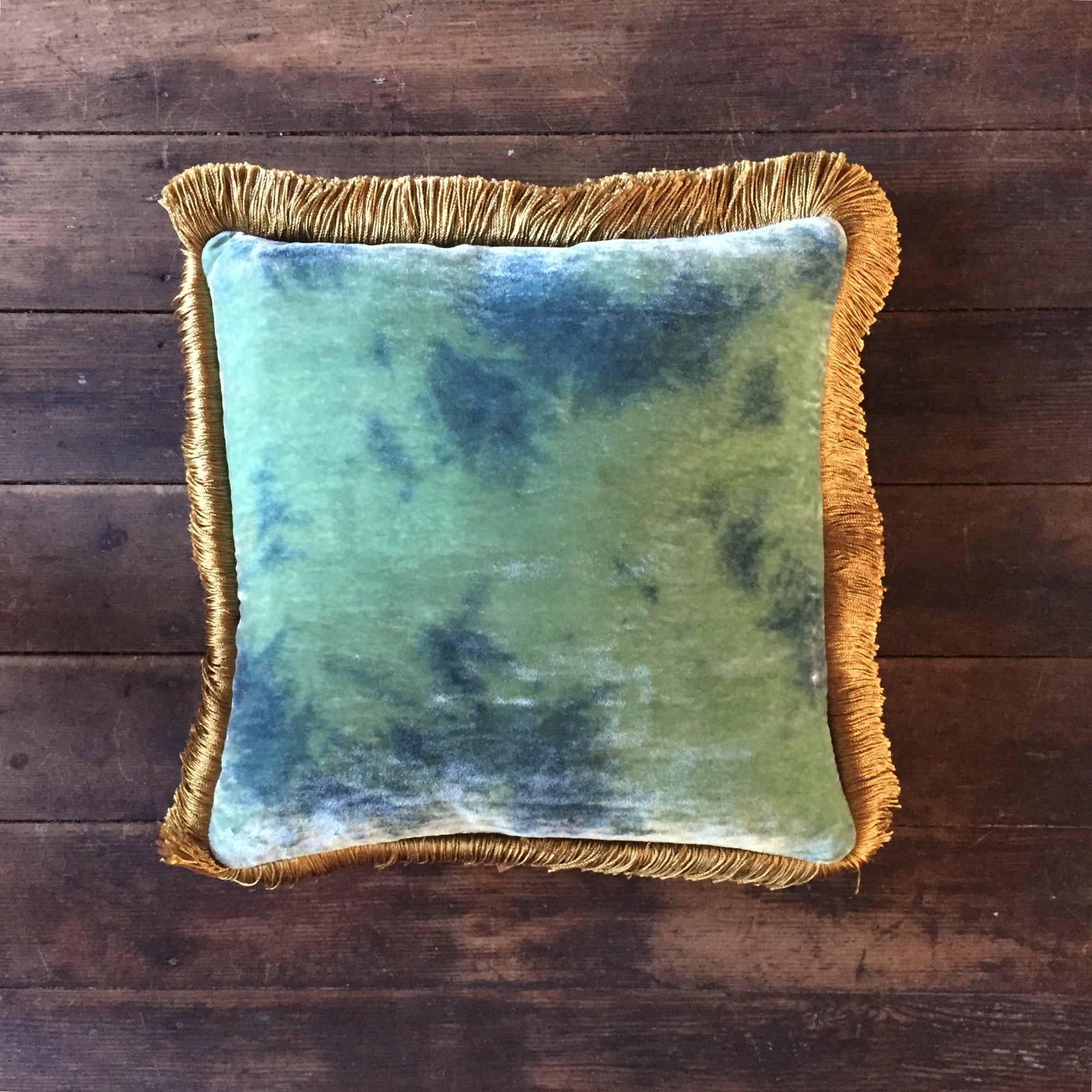 Anke Drechsel Shaded Lagoon Silk Velvet Pillow with Gold Fringe 12" x 12"