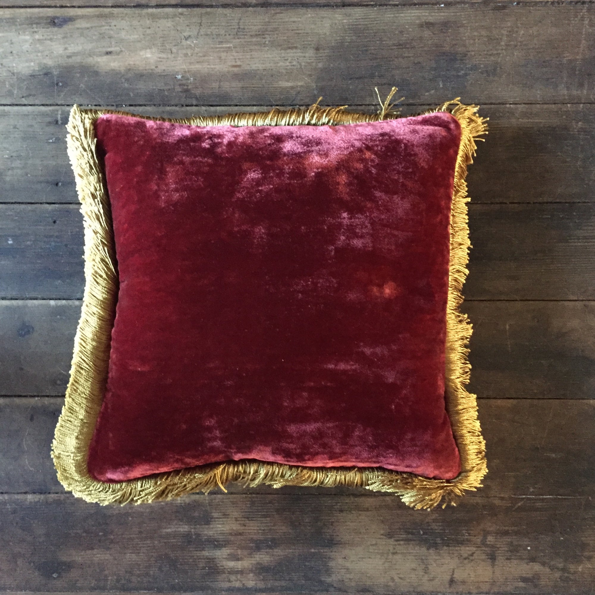 Anke Drechsel Wine Silk Velvet Pillow with Gold Fringe 12" x 12"