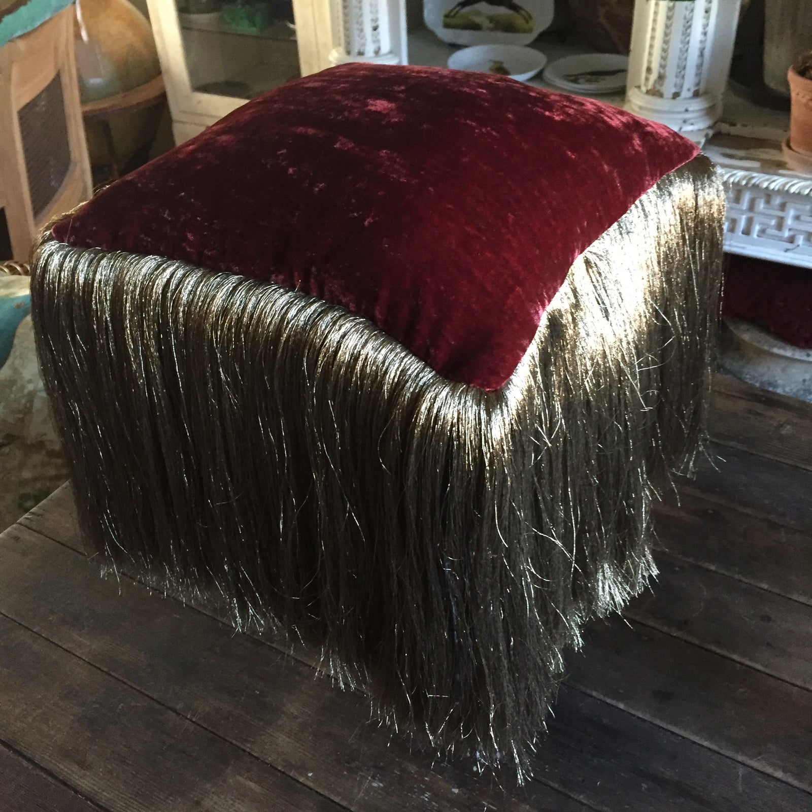 Anke Drechsel Wine Silk Velvet Pillow with Long Metal Fringe 12" x 12"