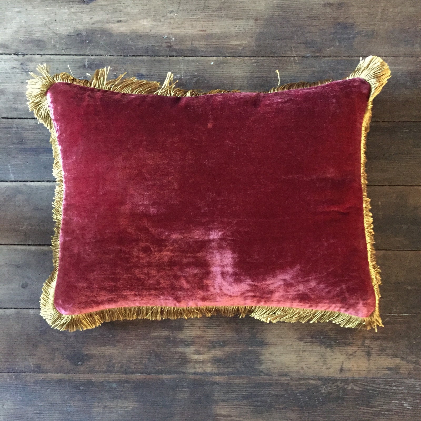 Anke Drechsel Wine Silk Velvet Pillow with Gold Fringe 12" x 16"