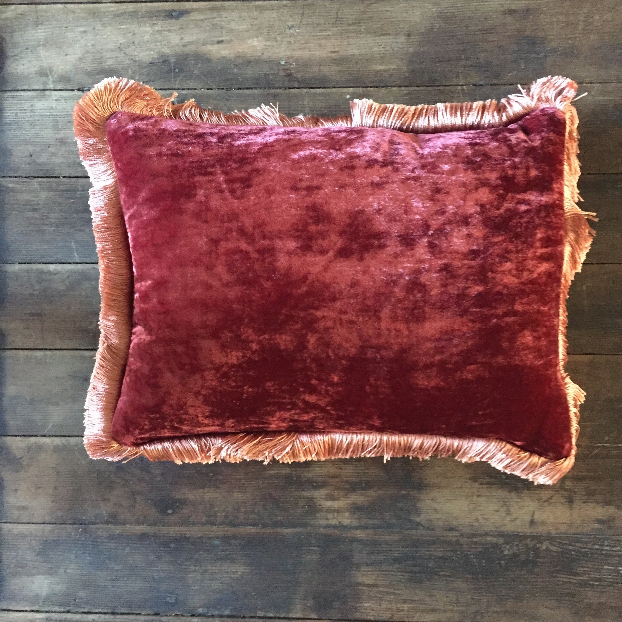 Anke Drechsel Wine Pillow with Peach Rose Fringe 12" x 16"