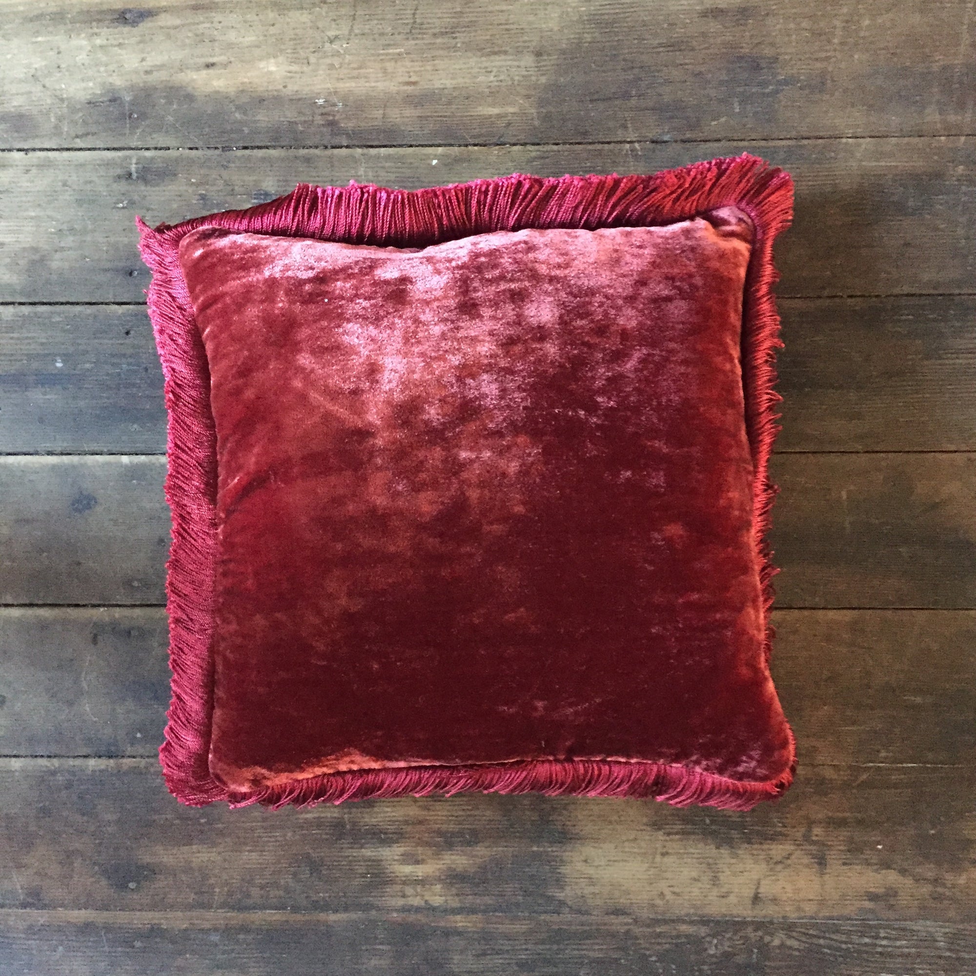 Anke Drechsel Wine Silk Velvet Pillow with Red Fringe 12" x 12"