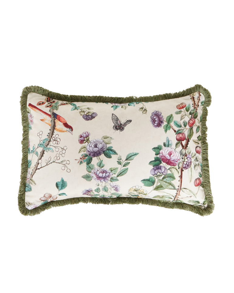Antoinette Poisson Canton Pillow in Cream with Green Fringe