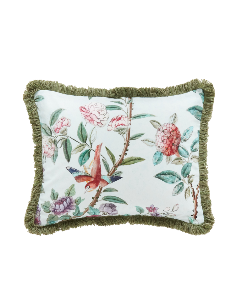 Antoinette Poisson Small Blue Canton Pillow with Green Fringe