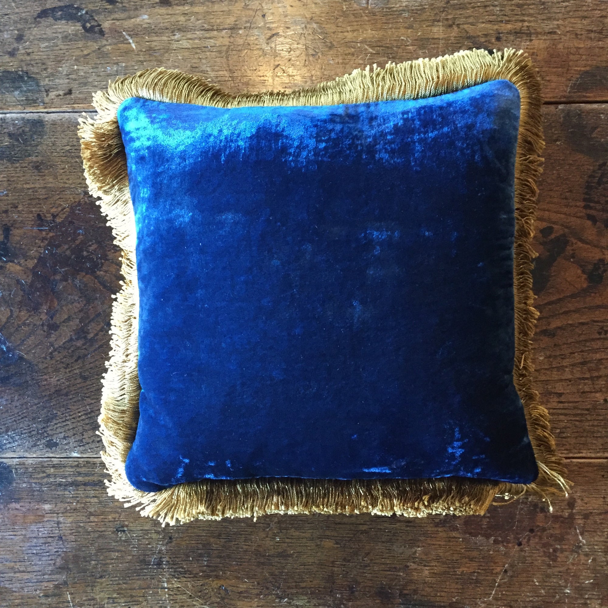 Cobalt Silk Velvet Pillow with Gold Fringe by Anke Drechsel
